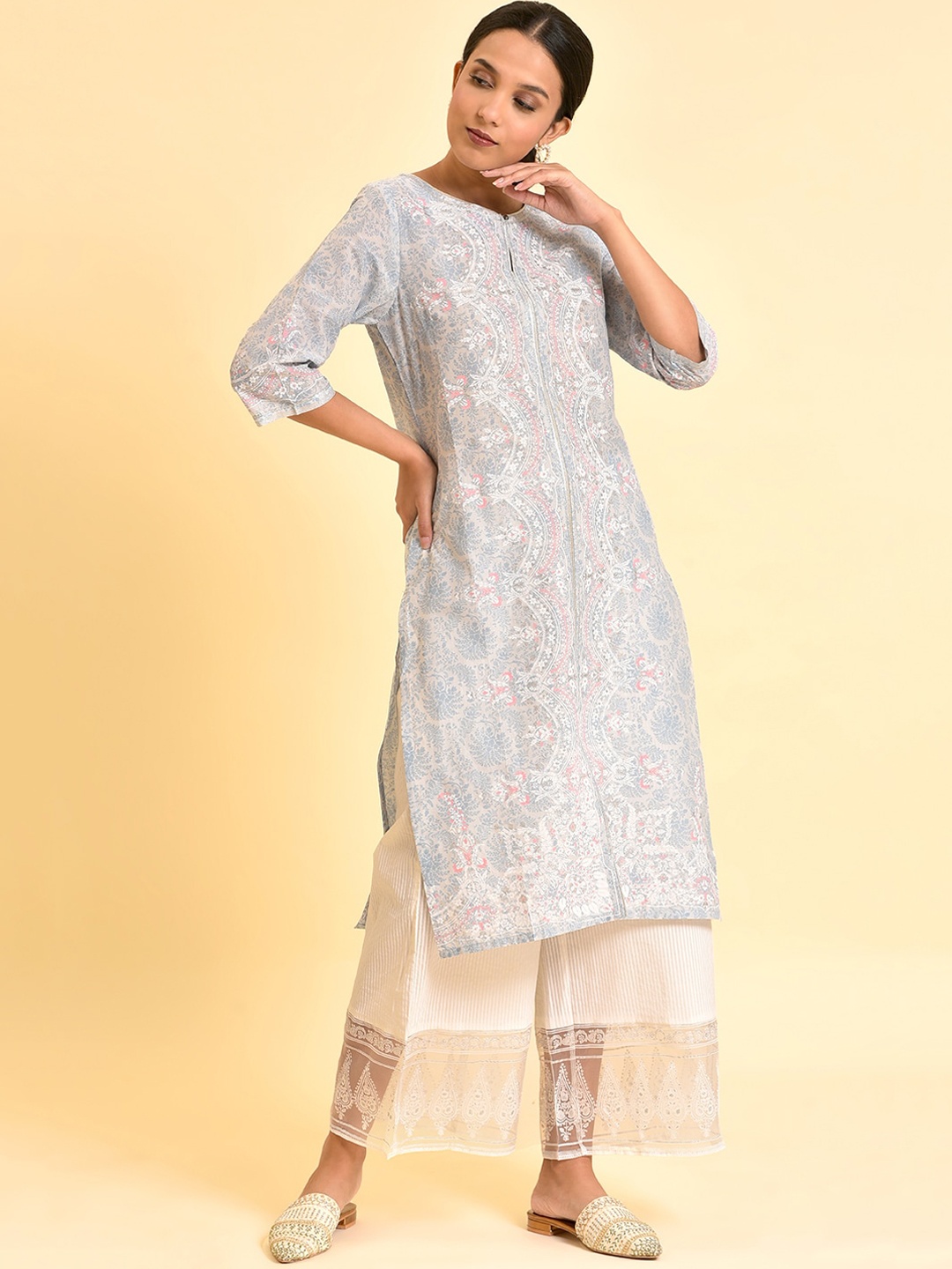 

W Ethnic Motifs Printed Regular Pure Cotton Kurta With Palazzos, Blue