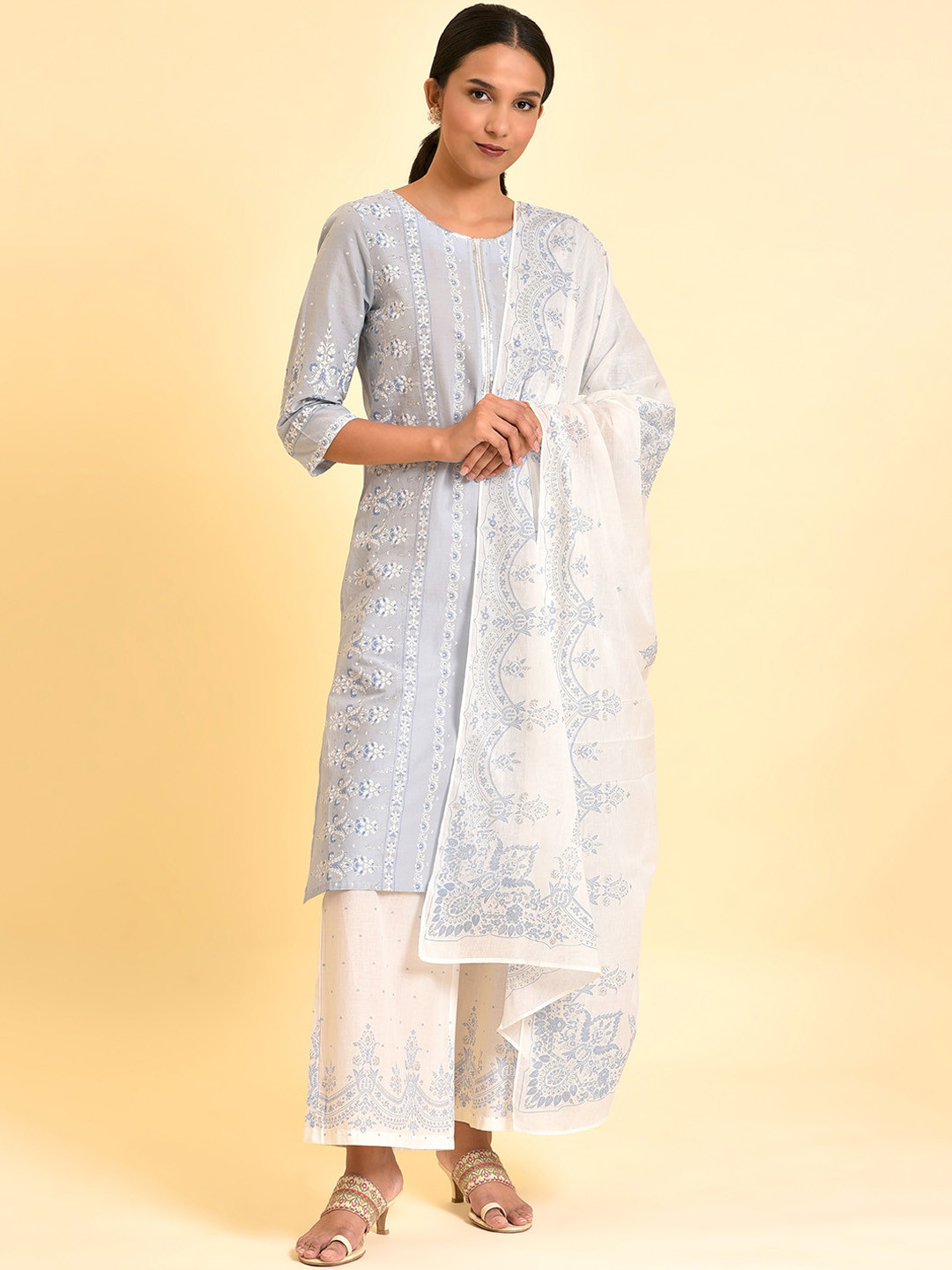 

W Floral Printed Regular Sequinned Pure Cotton Kurta With Trousers & Dupatta, Blue