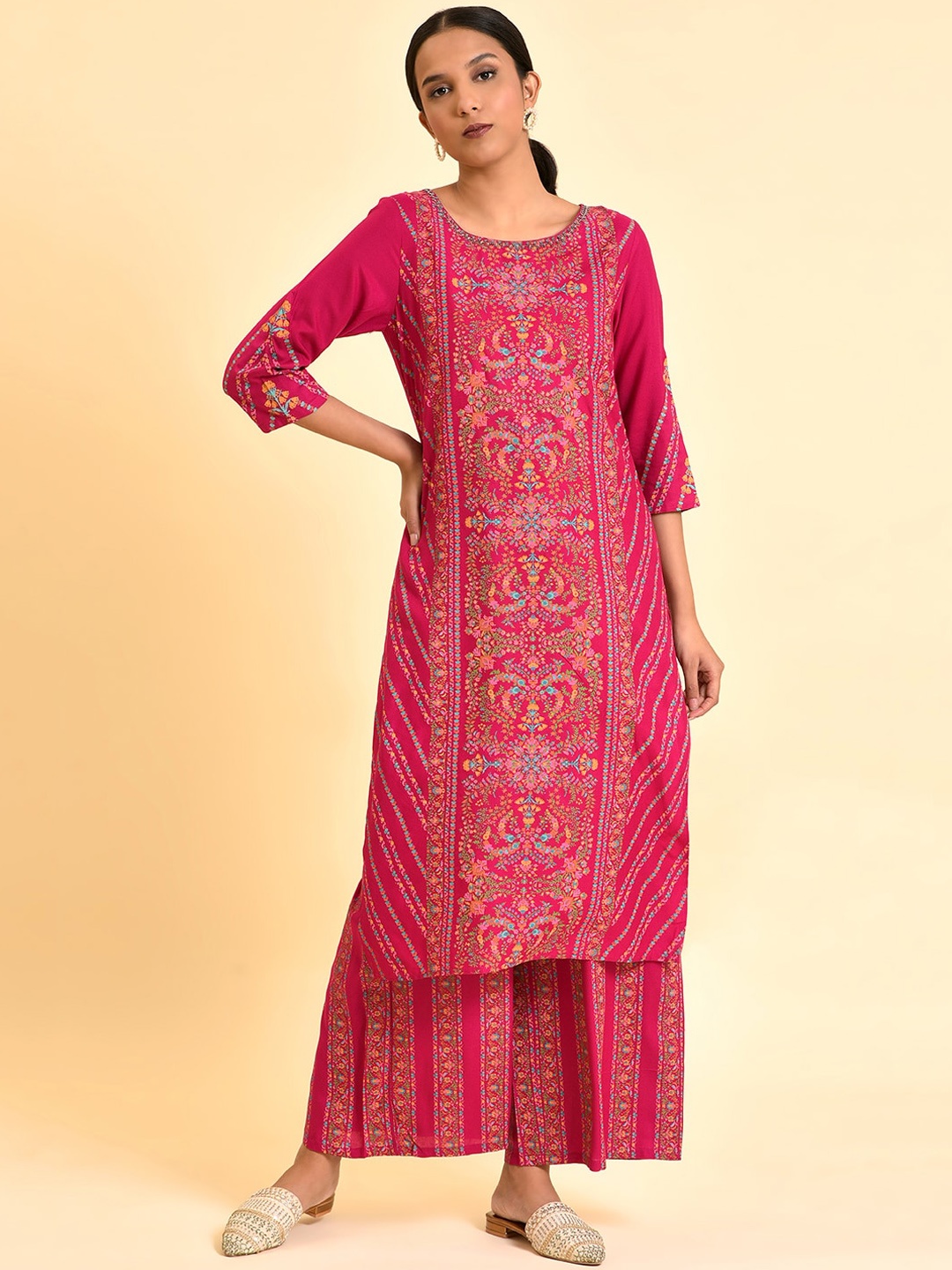 

W Floral Printed Regular Beads and Stones Kurta with Palazzos, Pink
