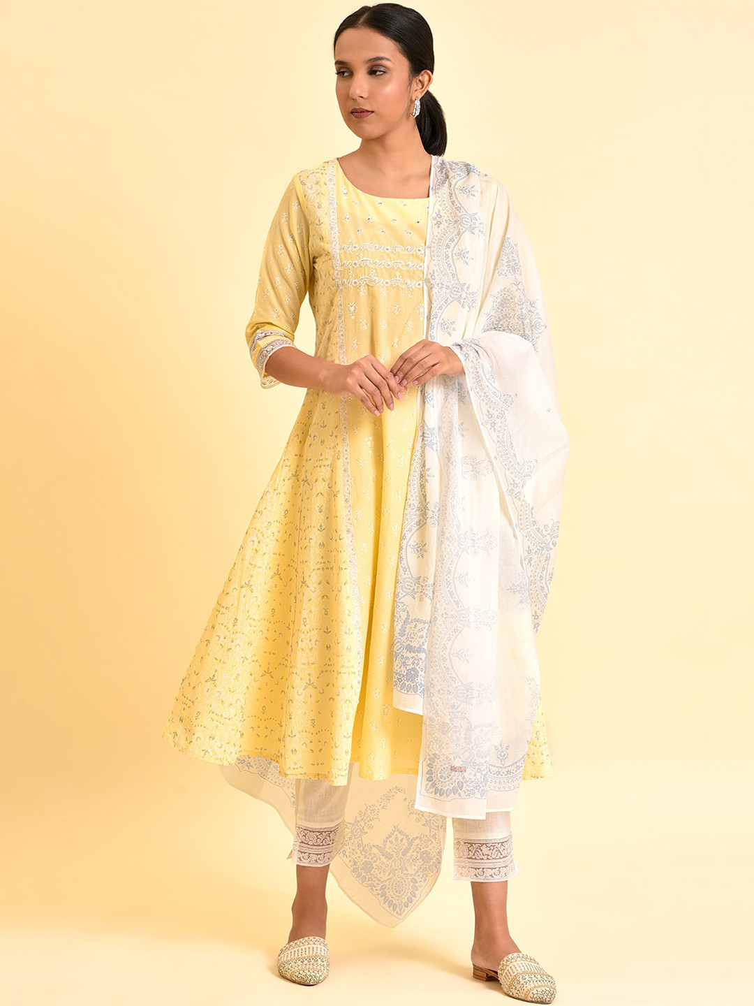 

W Floral Embroidered Regular Thread Work Pure Cotton Kurta with Trousers & Dupatta, Yellow