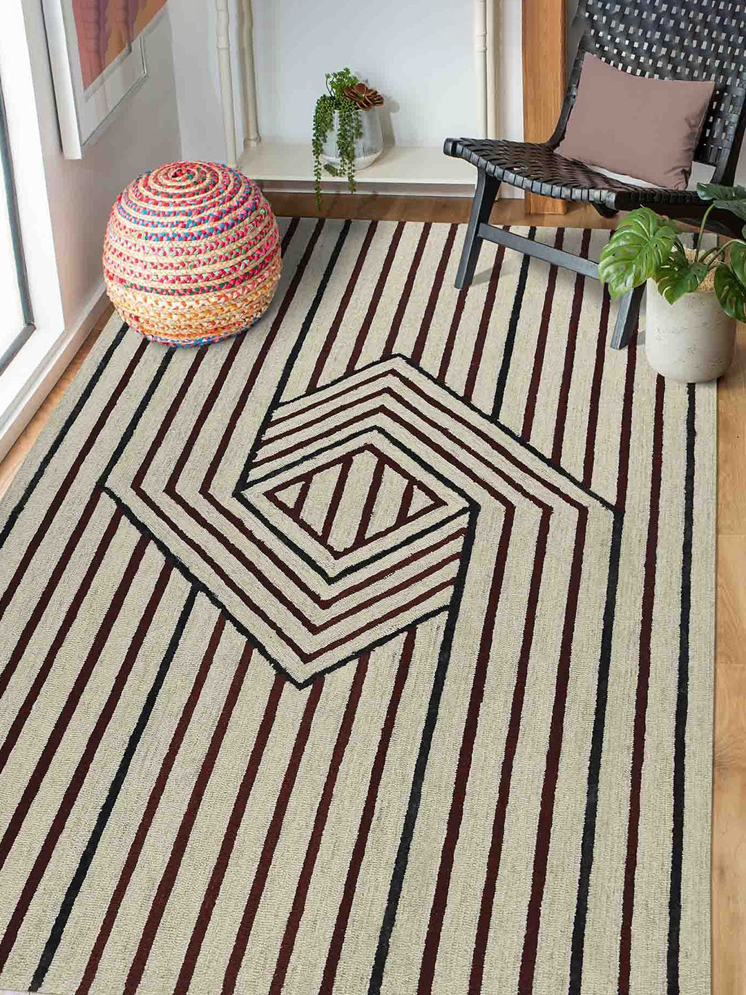 

saraswatii global Beige Striped Hand Tufted Rectangular Carpet