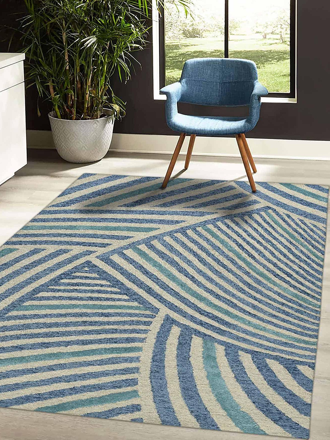 

saraswatii global Beige & Blue Striped Hand Tufted Rectangular Carpet