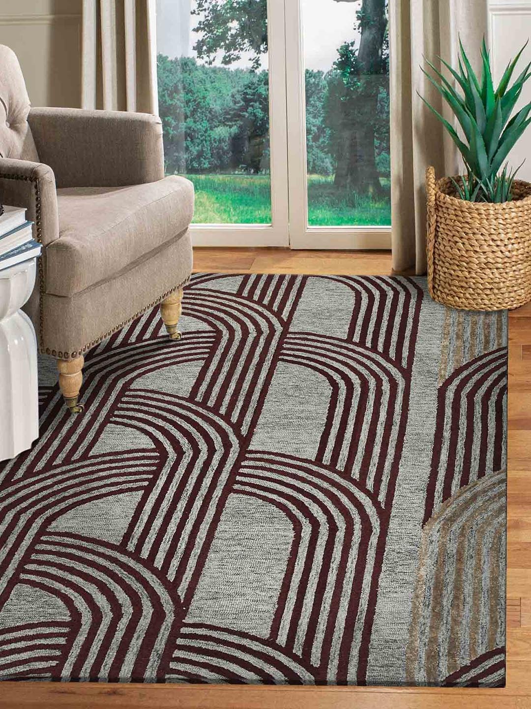 

saraswatii global Grey & Brown Striped Hand Tufted Rectangular Carpet