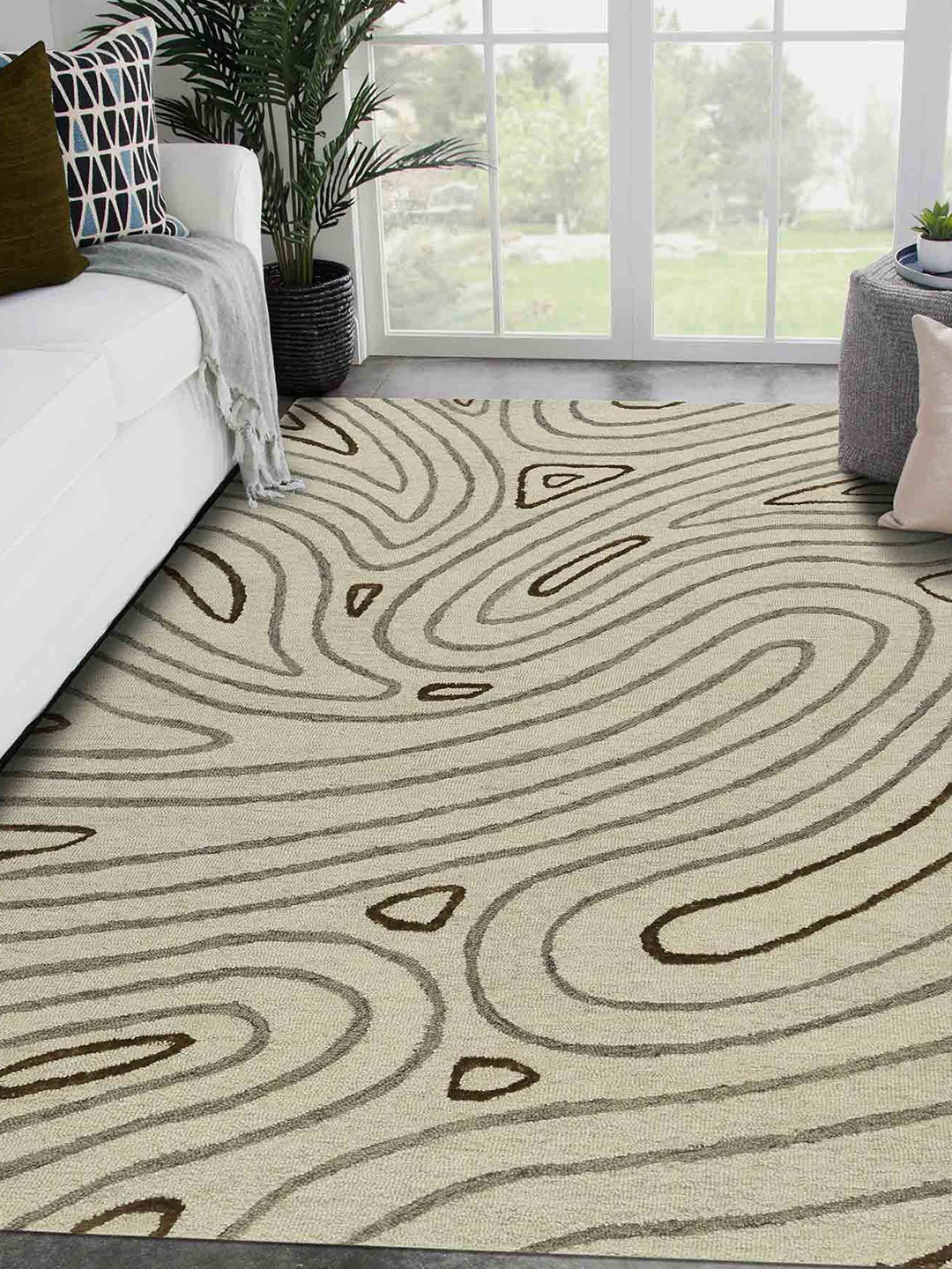 

saraswatii global Cream-Colored & Brown Printed Hand Tufted Rectangular Carpet