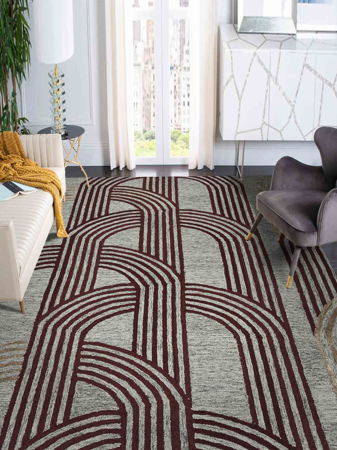 

saraswatii global Grey & Brown Geometric-Printed Hand Tufted Rectangular Carpet