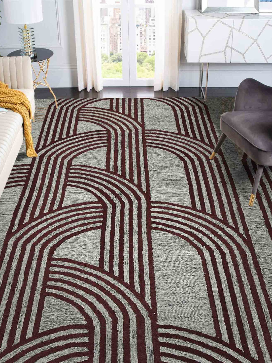 

saraswatii global Grey & Brown Geometric-Printed Hand Tufted Rectangular Carpet