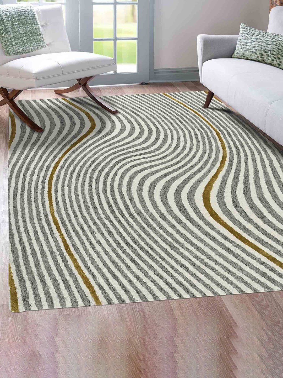 

saraswatii global White & Grey Striped Hand Tufted Rectangular Carpet