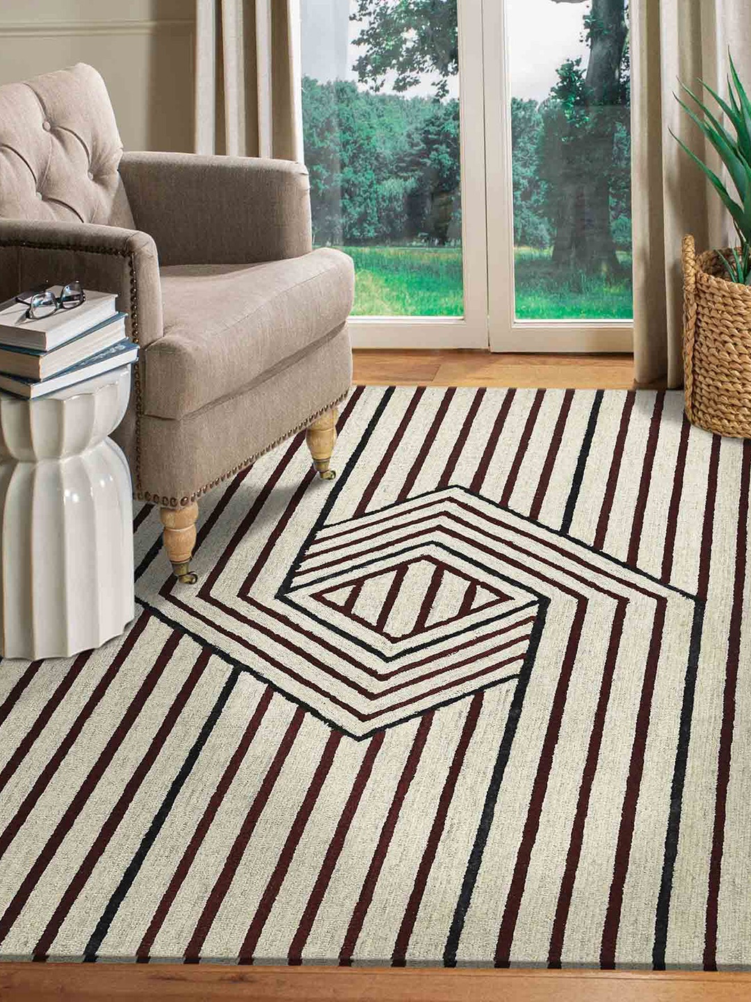 

saraswatii global Brown & Cream-Coloreed Striped Hand Tufted Rectangular Carpet