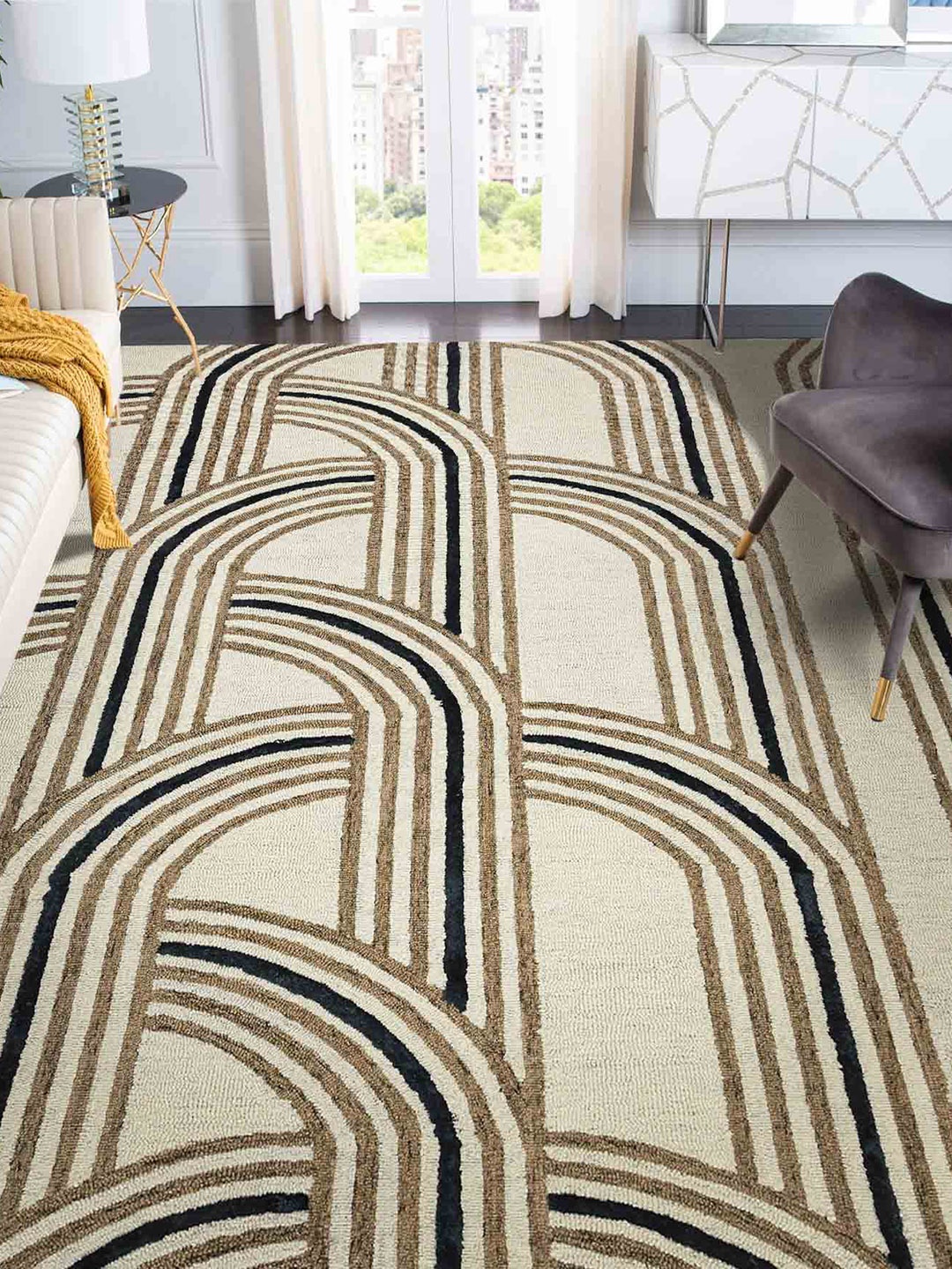 

saraswatii global Cream & Brown Geometric-Printed Hand Tufted Rectangular Carpet
