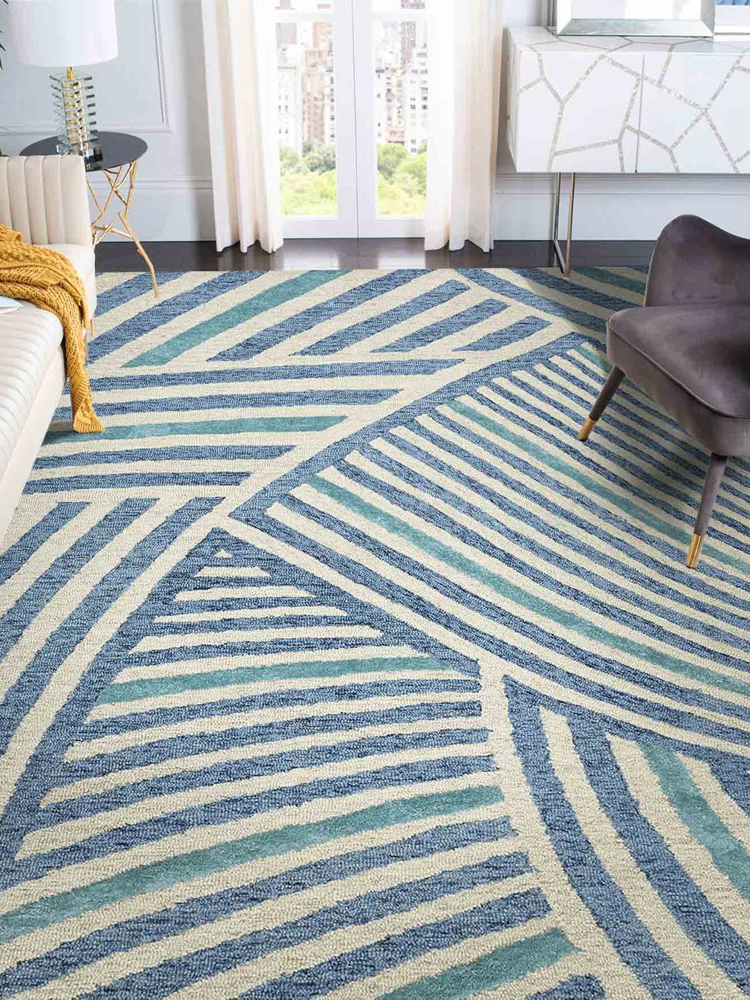 

saraswatii global Blue & Grey Geometric-Printed Hand Tufted Rectangular Carpet