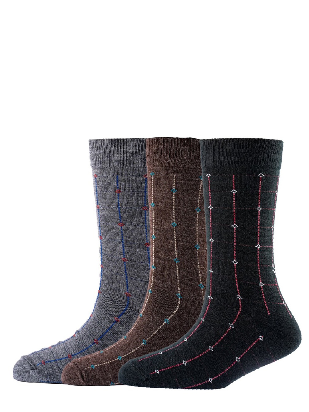 

Cotstyle Men Pack Of 3 Checked Pure Woollen Calf-Length Socks, Black