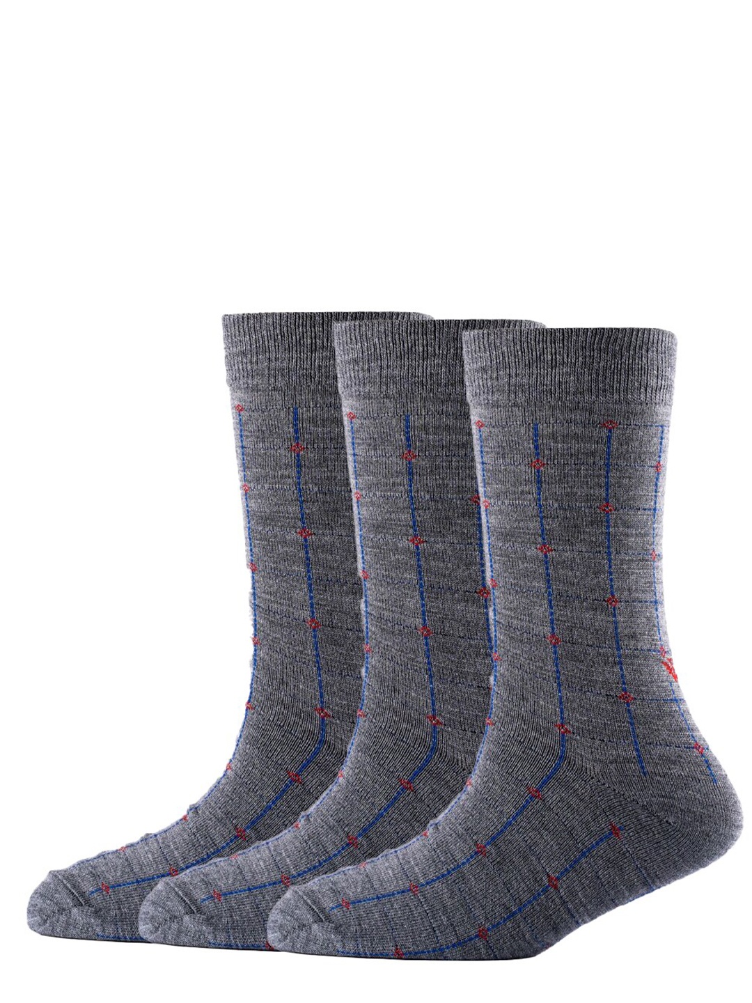 

Cotstyle Men Pack Of 3 Patterned Pure Wool Calf-Length Socks, Grey