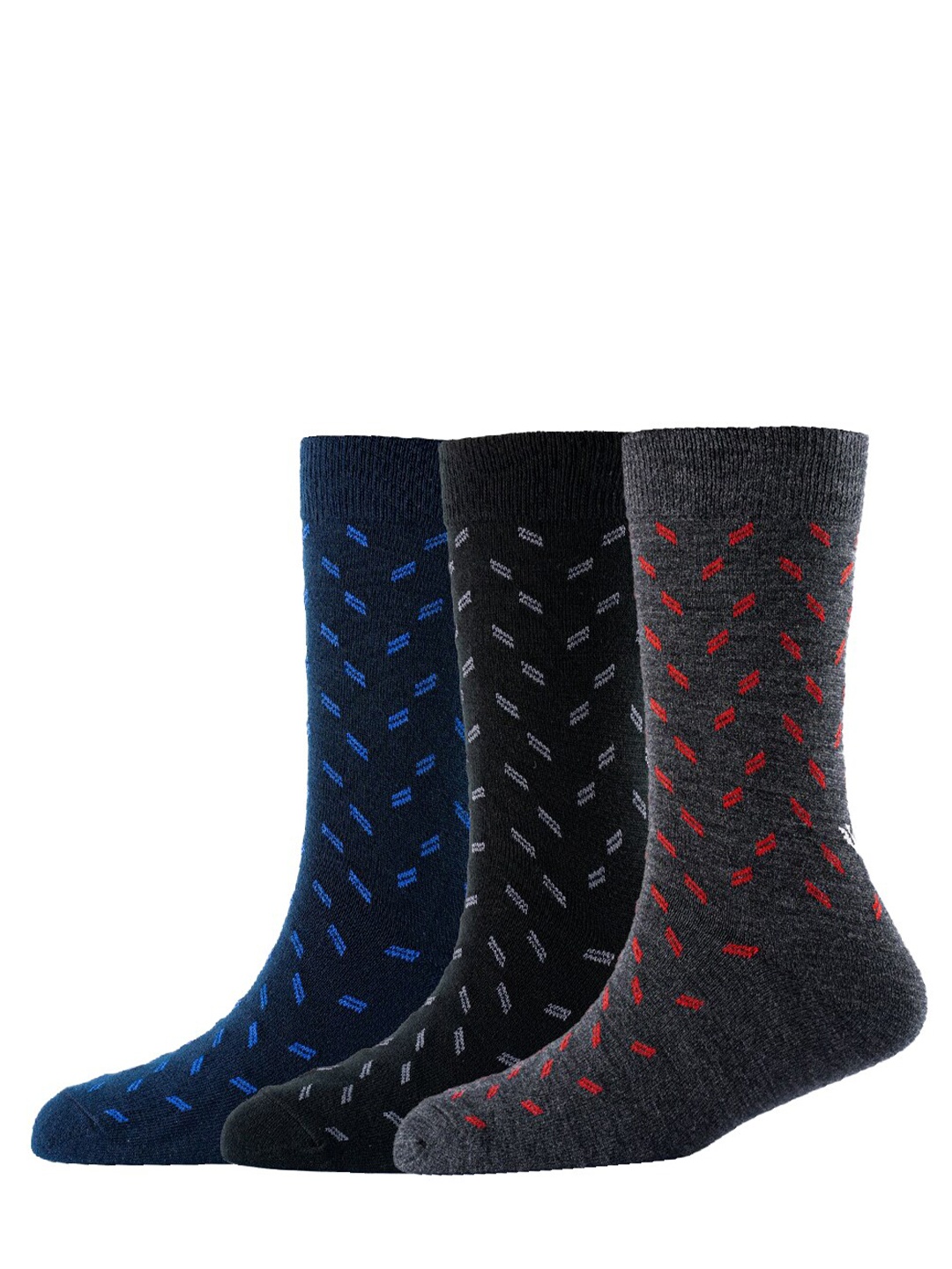 

Cotstyle Men Pack Of 3 Patterned Pure Wool Calf-Length Socks, Navy blue