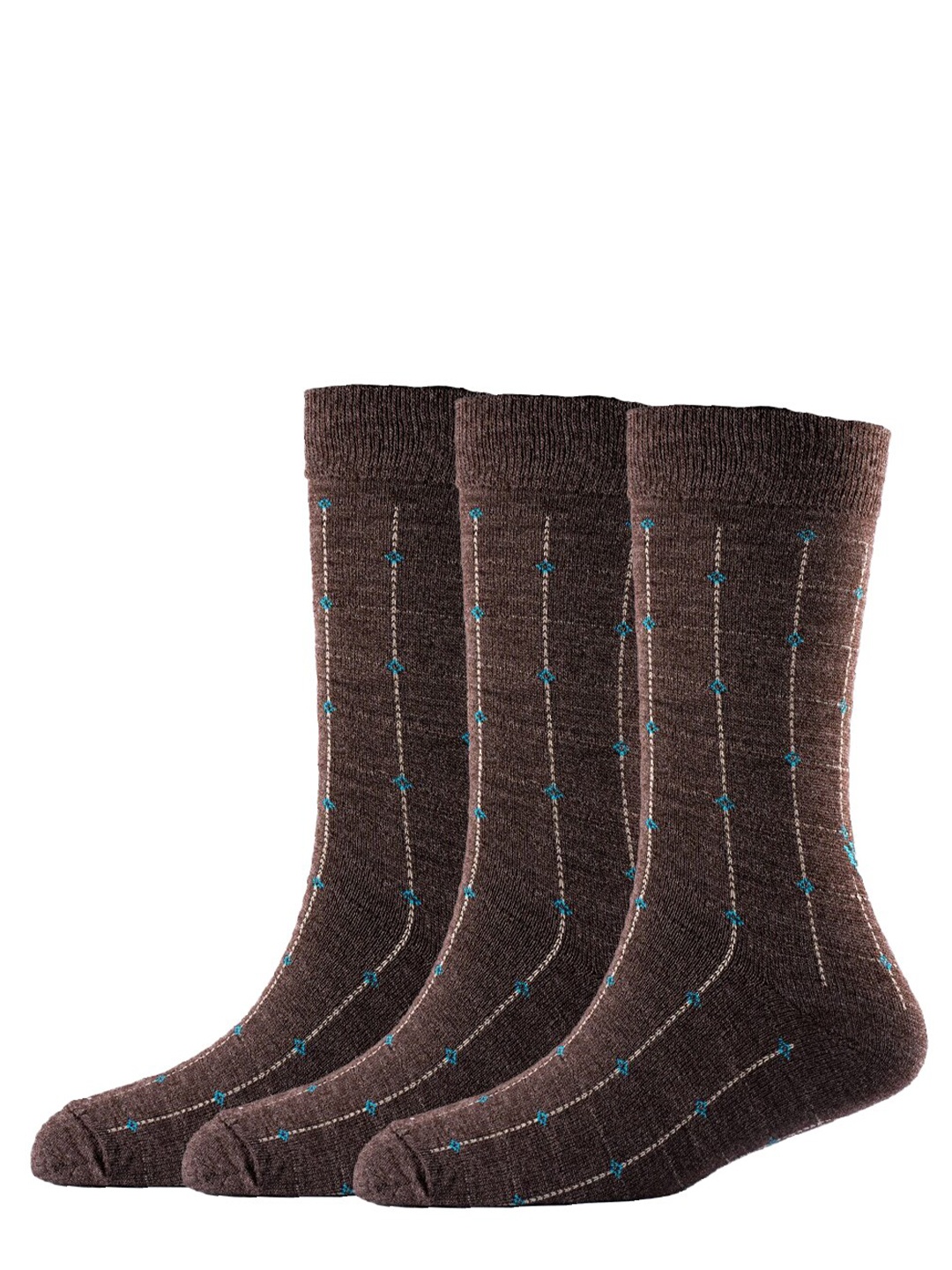 

Cotstyle Men Pack Of 3 Patterned Pure Wool Calf-Length Socks, Brown