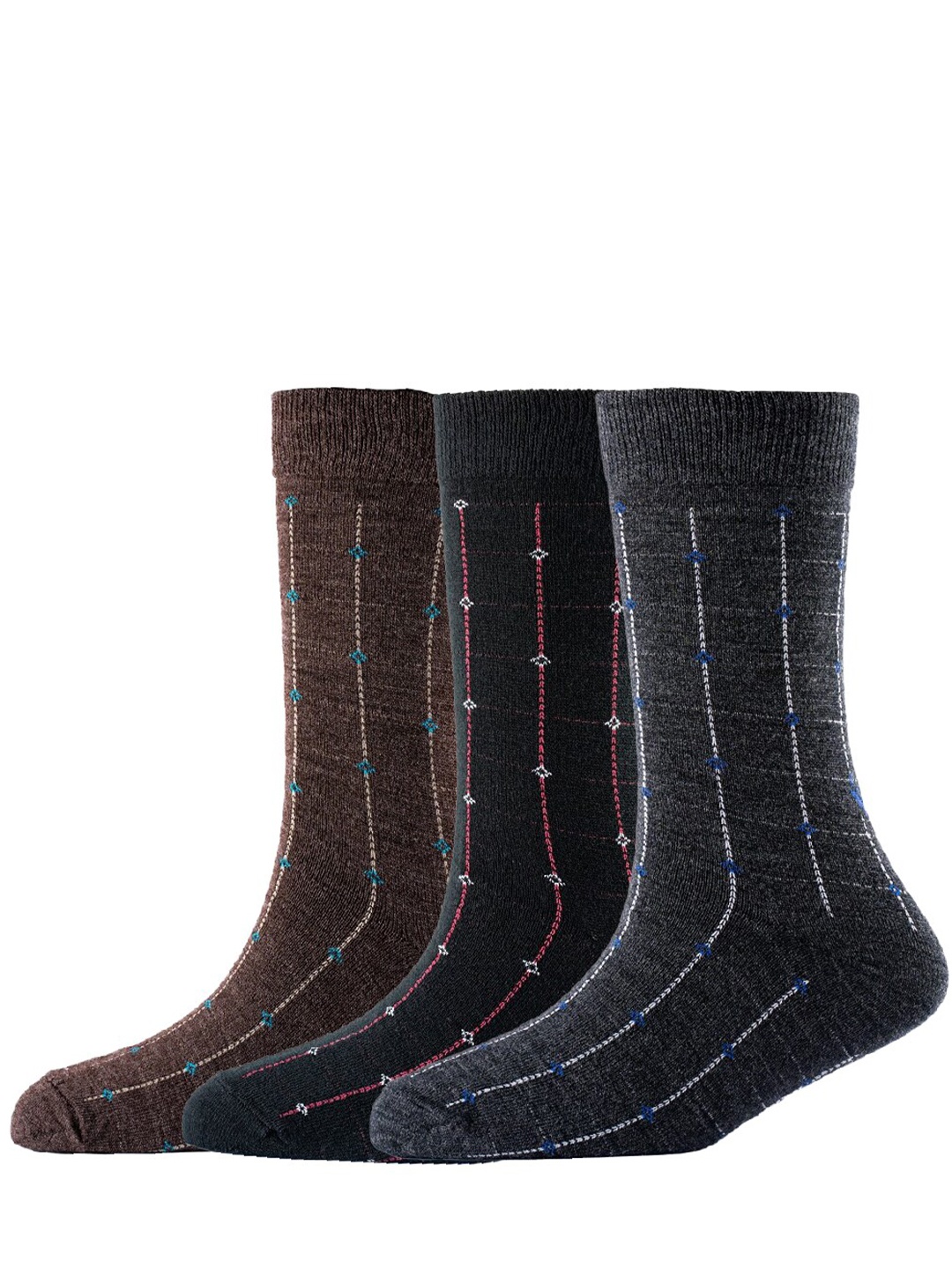 

Cotstyle Men Pack Of 3 Patterned Pure Wool Calf-Length Socks, Brown
