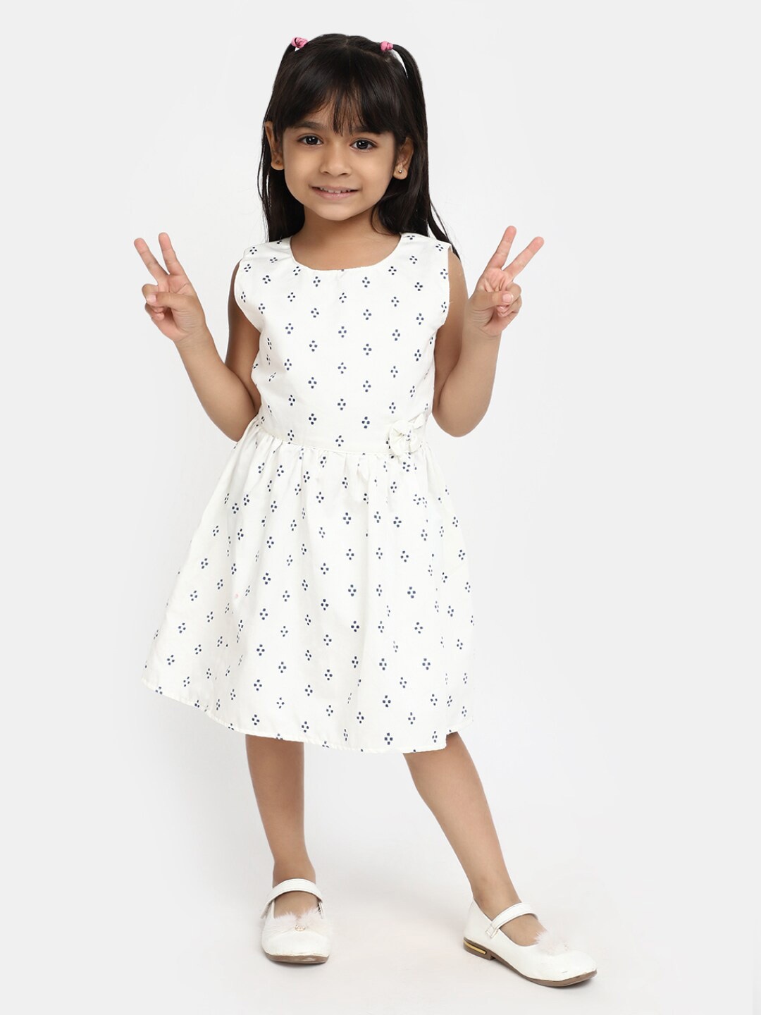 

V-Mart Girls Ethnic Motifs Printed Gathered Or Pleated Cotton Fit & Flare Dress, White