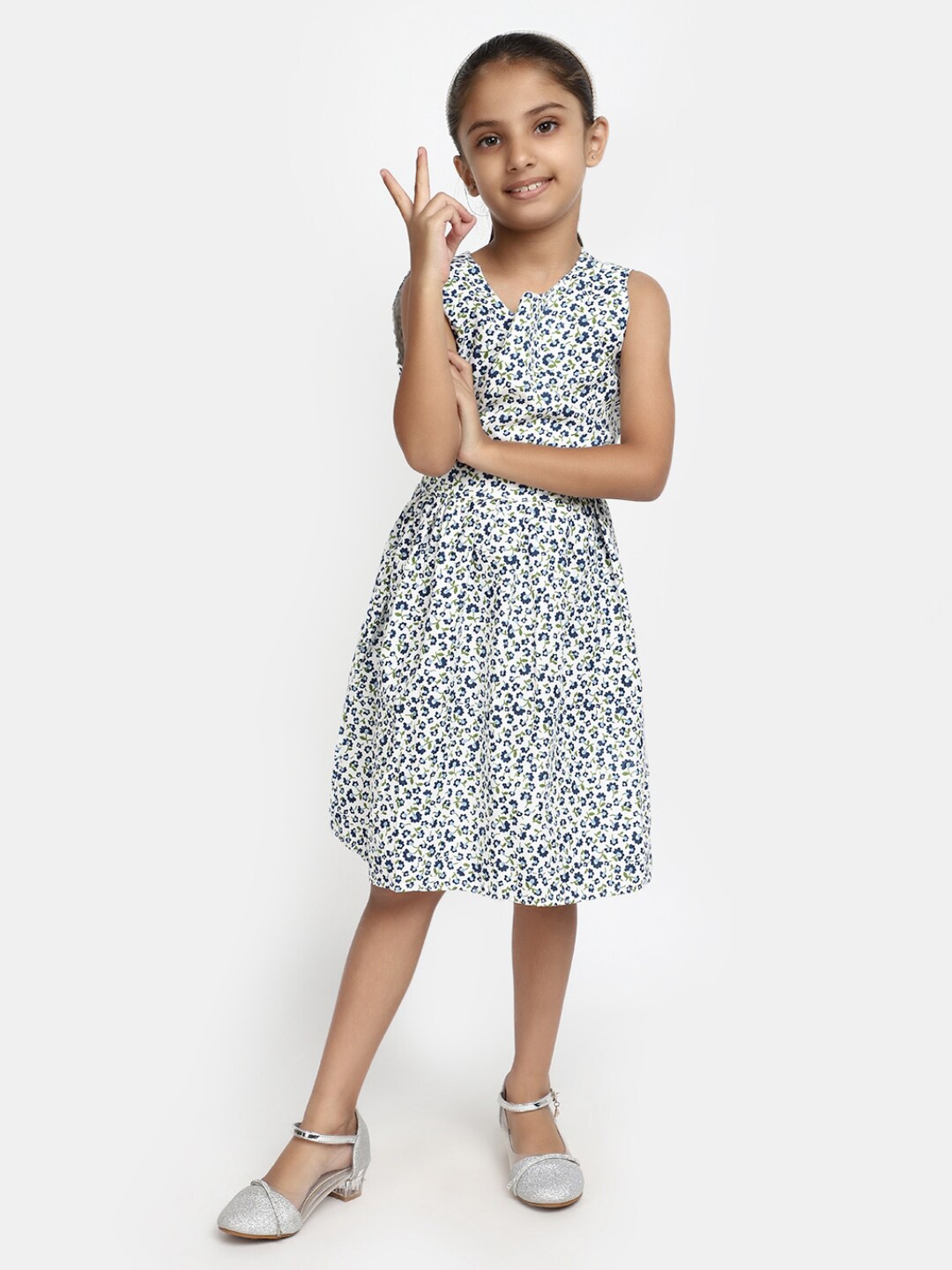 

V-Mart Girls Floral Printed Gathered Or Pleated Cotton Fit & Flare Dress, White