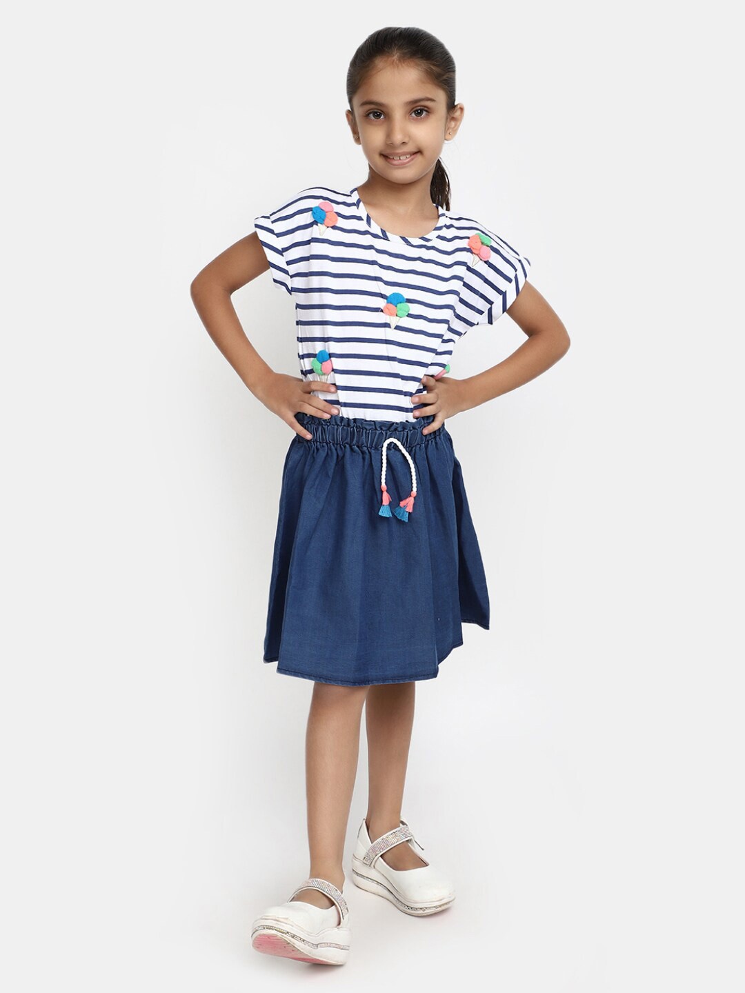 

V-Mart Girls Striped Cotton Fit & Flare Dress, Blue