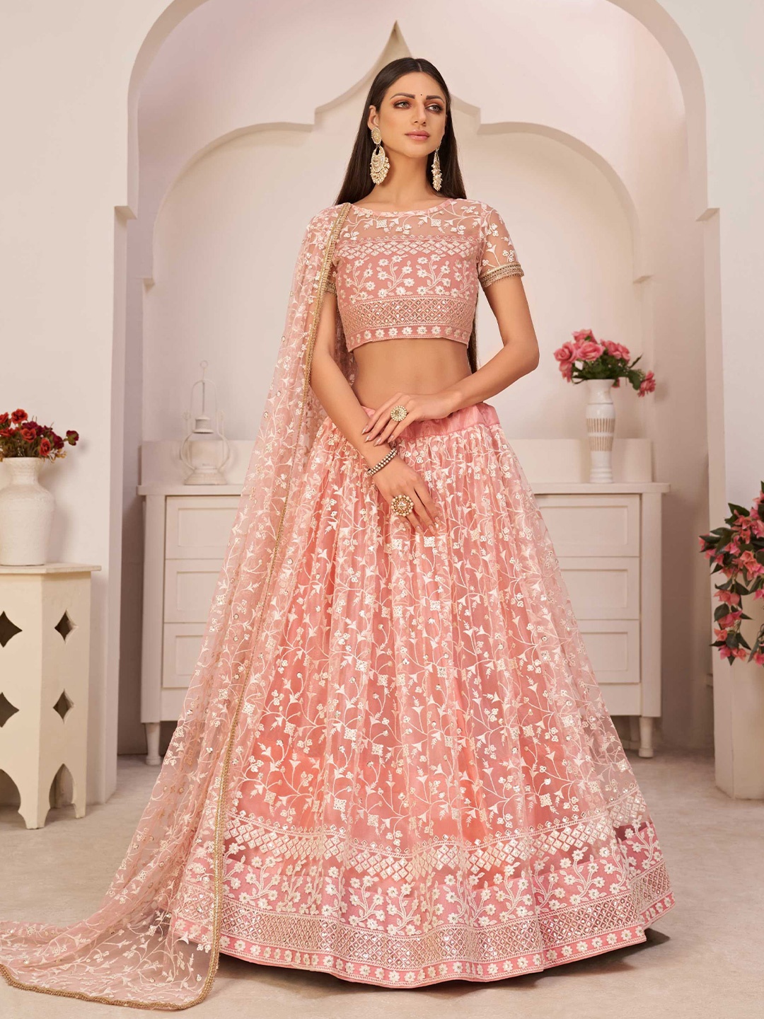 

Panzora Embroidered Sequinned Semi-Stitched Lehenga & Blouse With Dupatta, Peach