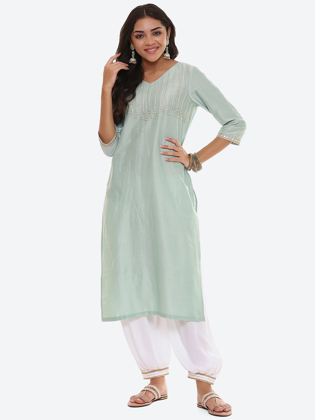 

2Bme Mirror Work Embellished Kurta, Green