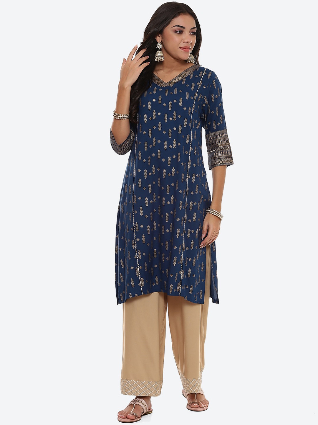 

2Bme Ethnic Motifs Printed Kurta, Navy blue