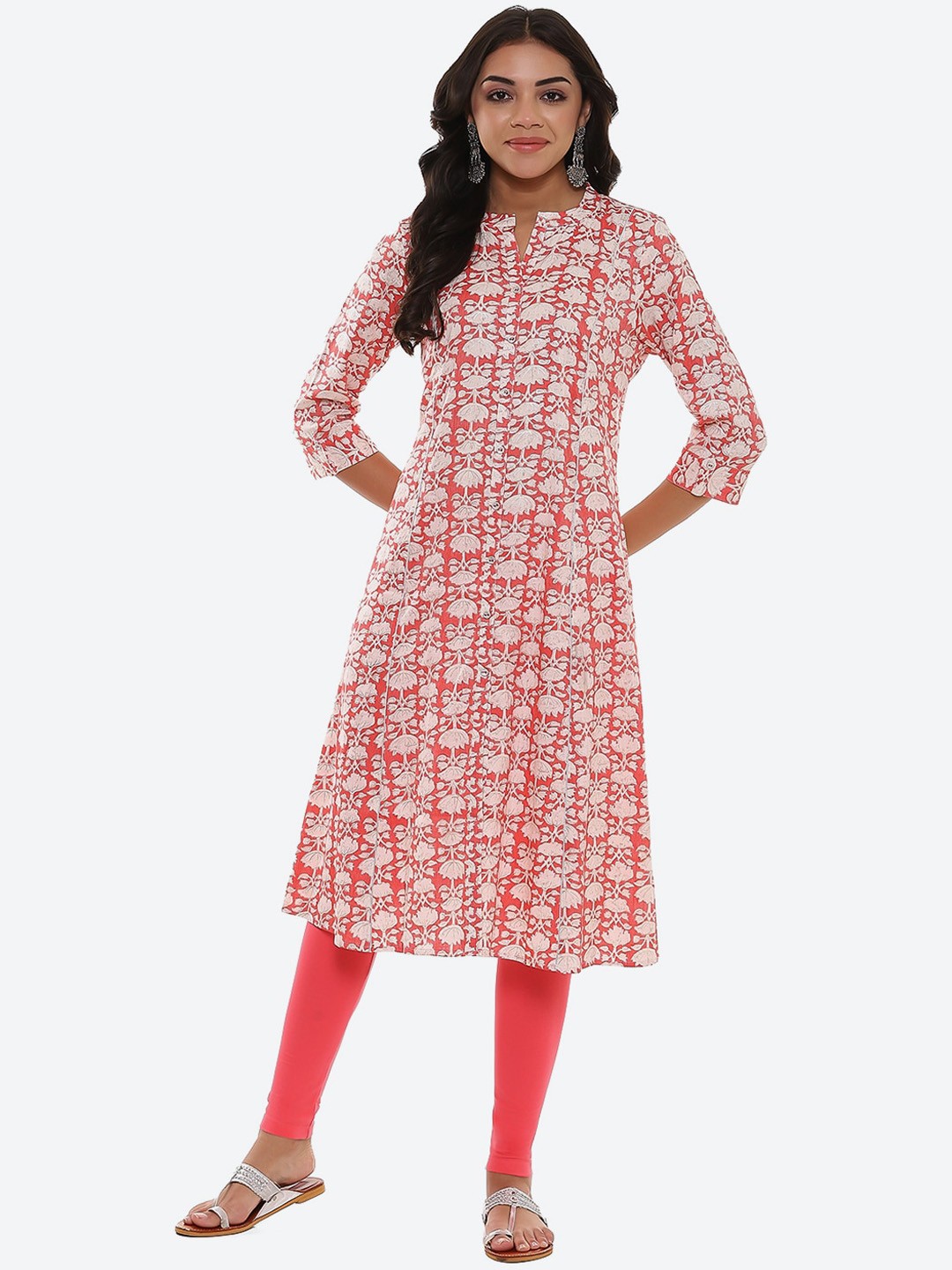 

2Bme Floral Printed Mandarin Collar Roll-Up Sleeves A-Line Kurta, Pink