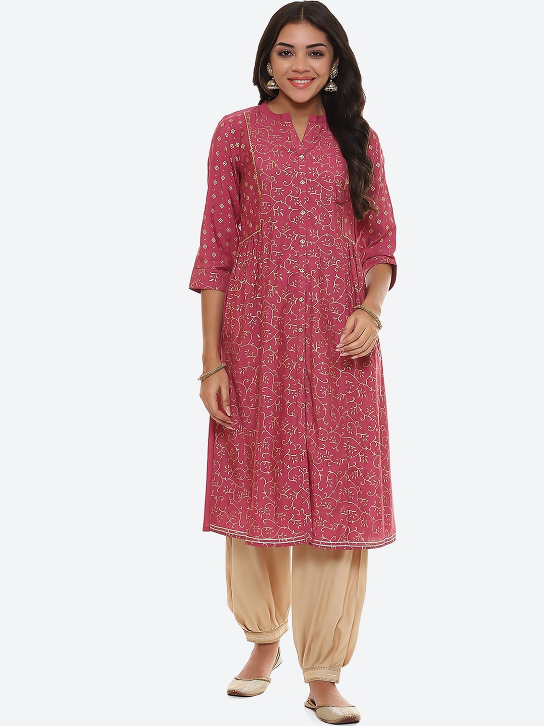 

2Bme Ethnic Motifs Printed Mandarin Collar Gotta Patti A-Line Kurta, Purple