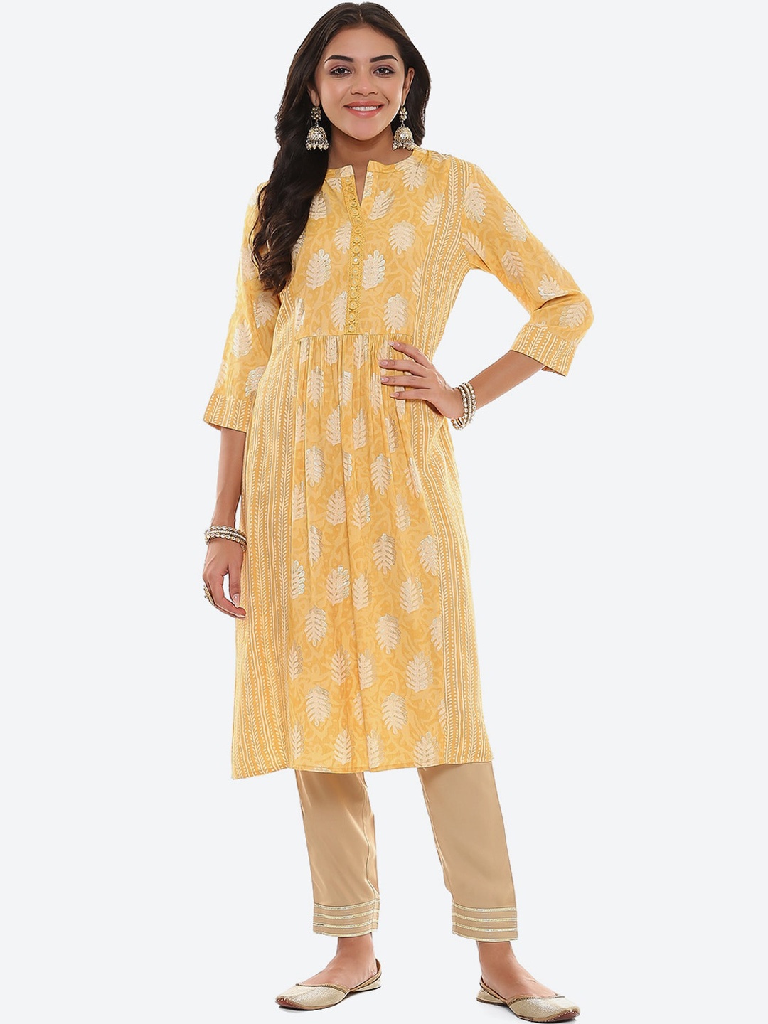 

2Bme Ethnic Motifs Printed Mandarin Collar Thread Work A-Line Kurta, Mustard