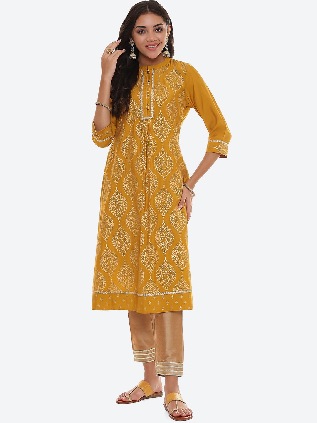 

2Bme Ethnic Motifs Printed Mandarin Collar Gotta Patti A-Line Kurta, Mustard