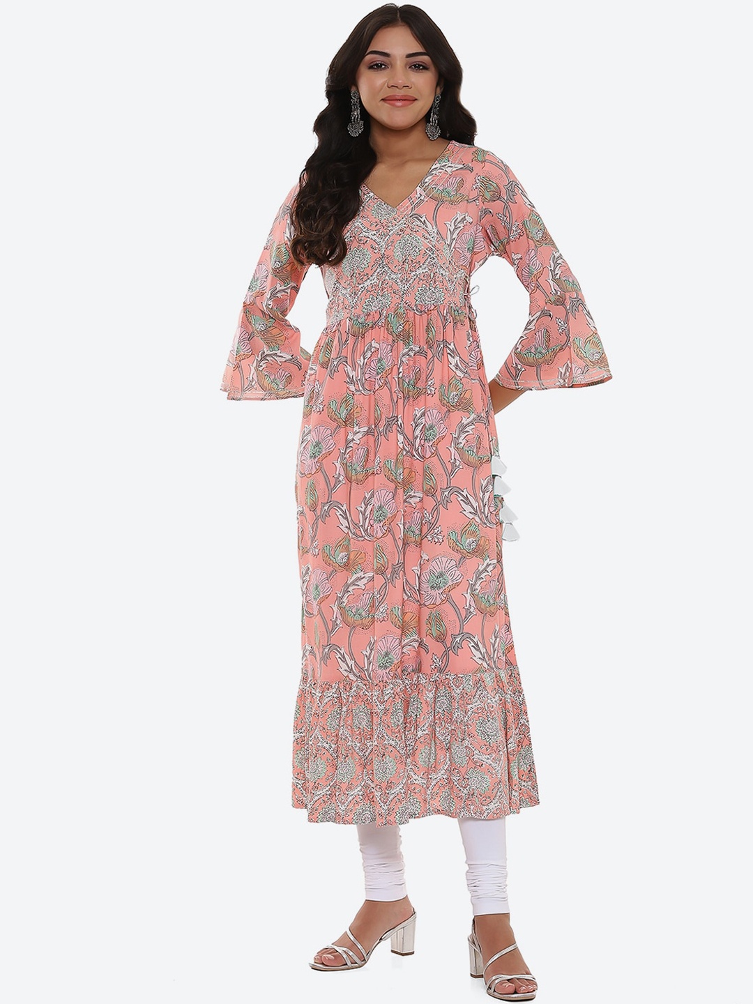 

2Bme Floral Printed V-Neck Bell Sleeves Gotta Patti Cotton Angrakha Kurta, Peach