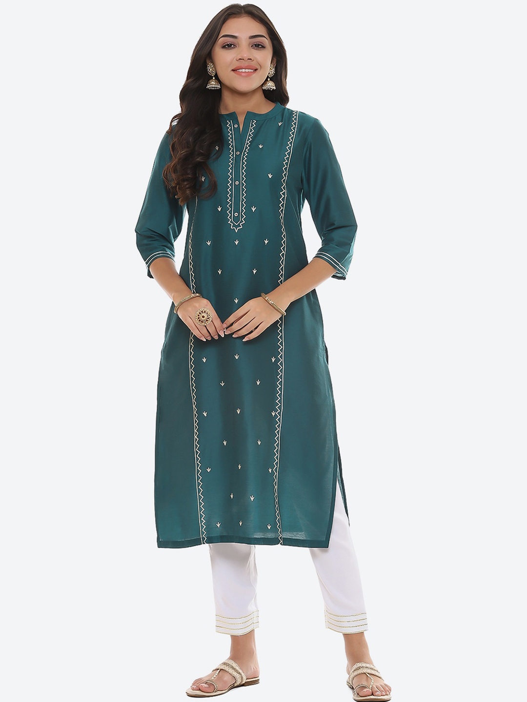 

2Bme Ethnic Motifs Embroidered Mandarin Collar Thread Work Straight Kurta, Turquoise blue