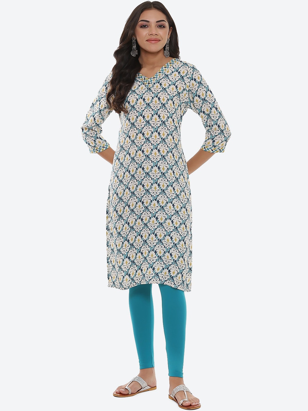 

2Bme Ethnic Motifs Printed V-Neck Gotta Patti Straight Kurta, Teal