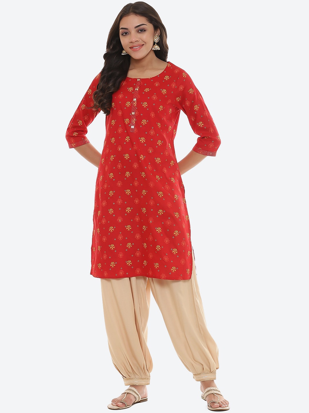 

2Bme Ethnic Motifs Printed Round Neck Straight Kurta, Maroon