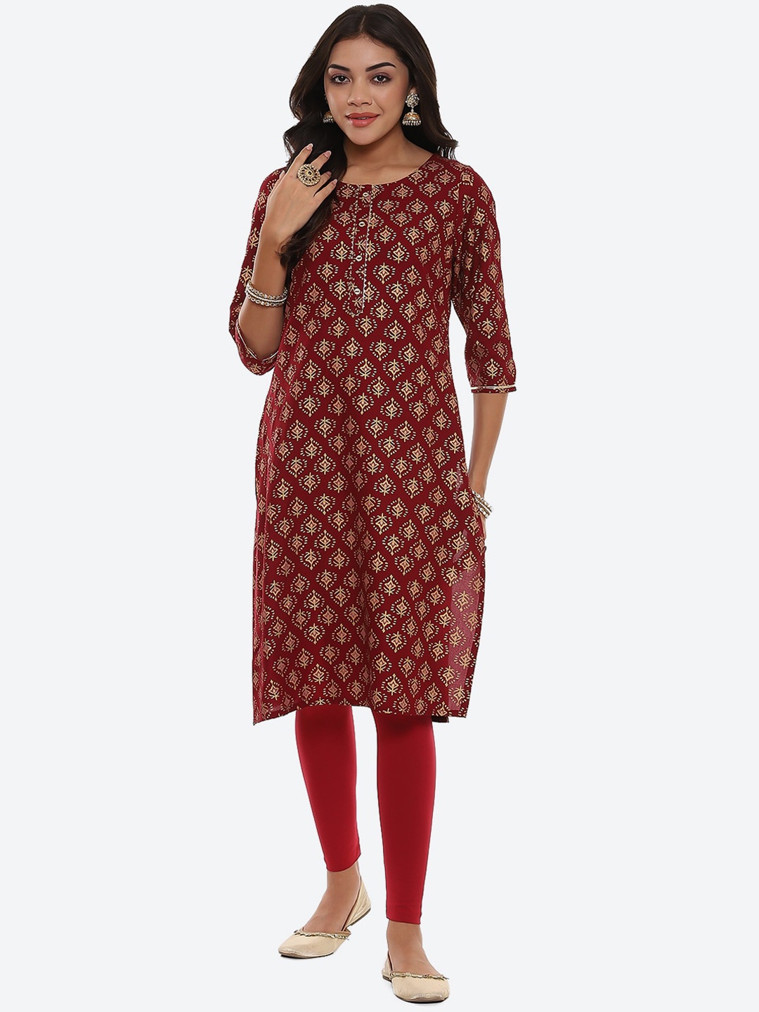 

2Bme Ethnic Motifs Printed Round Neck Gotta Patti Straight Kurta, Maroon