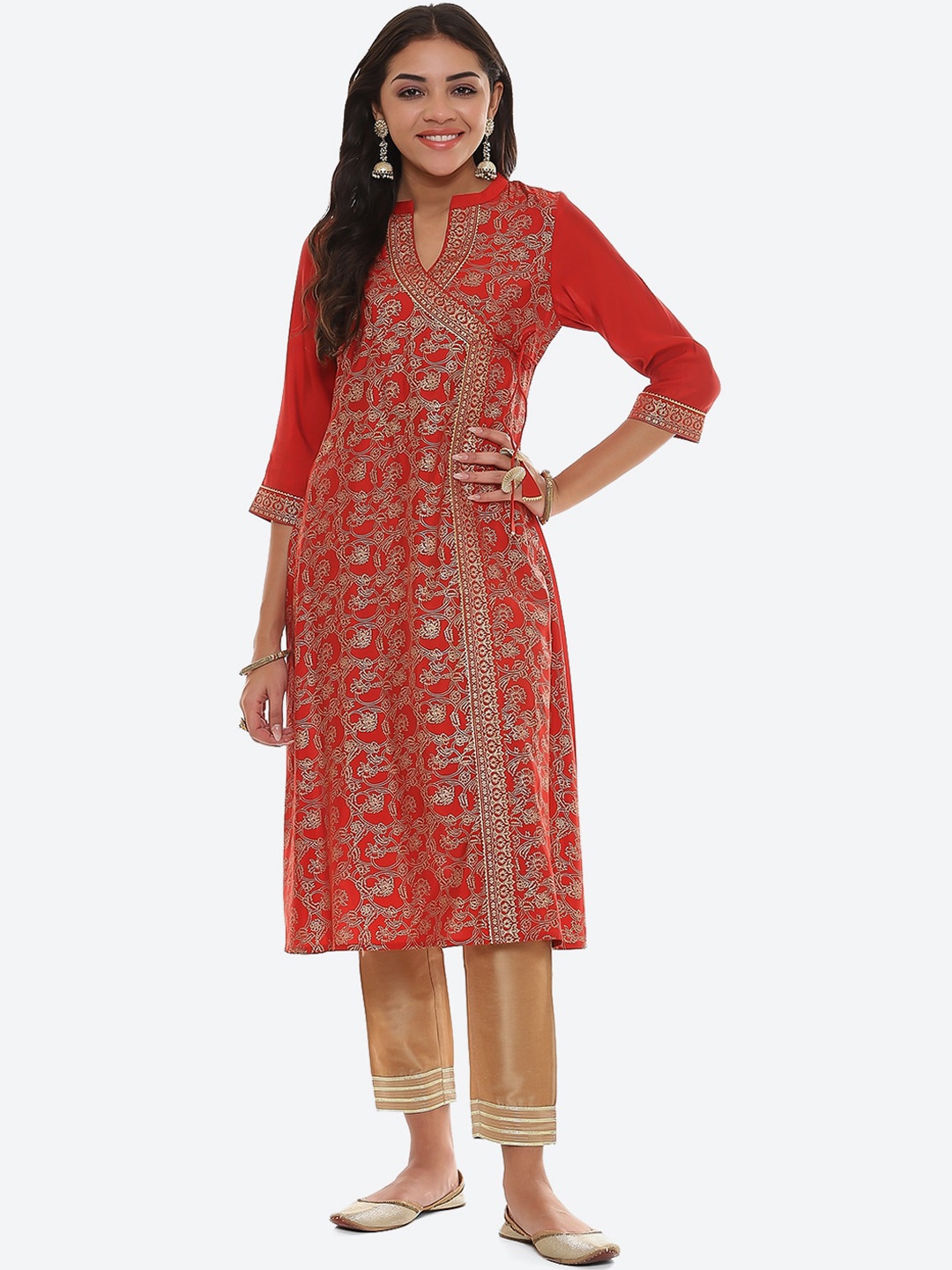 

2Bme Ethnic Motifs Printed Mandarin Collar Gotta Patti Angrakha Kurta, Red