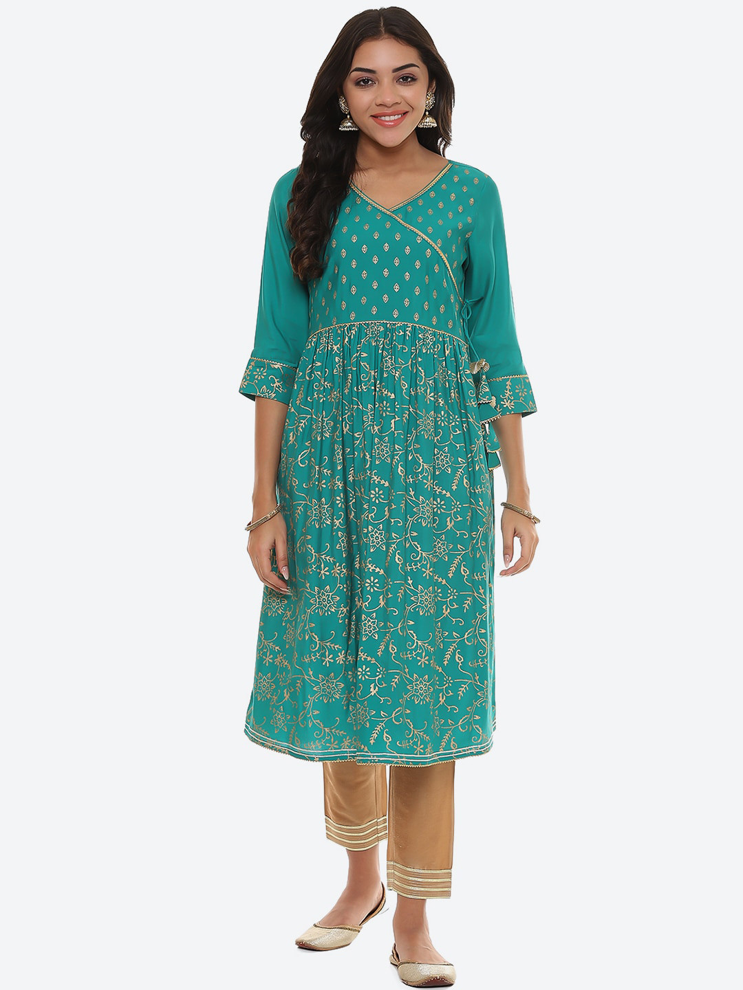 

2Bme Ethnic Motifs Printed V-Neck Gotta Patti Angrakha Kurta, Green
