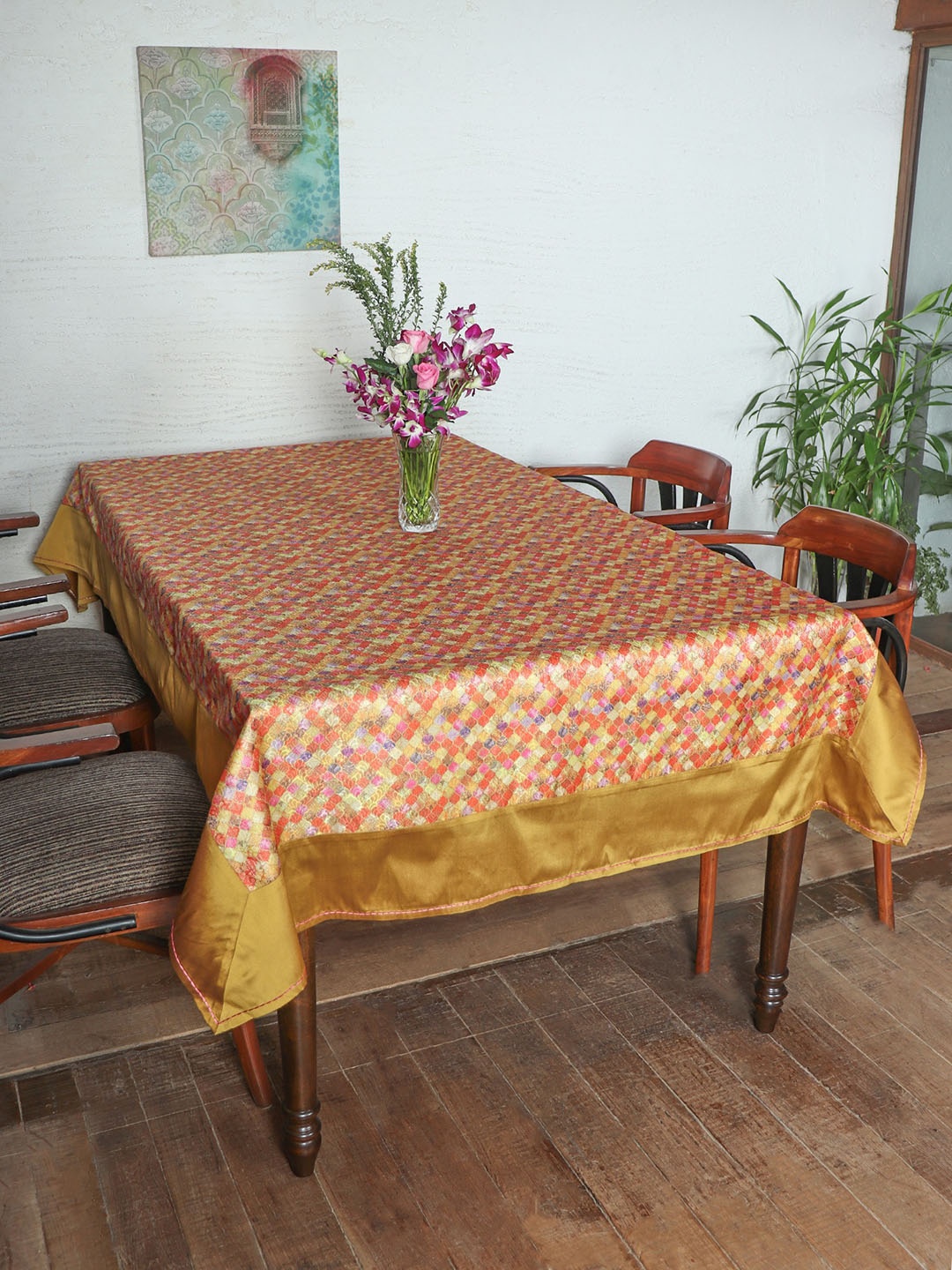 

ZEBA Red & Golden Woven-Designed Silk 6-Seater Table Cover