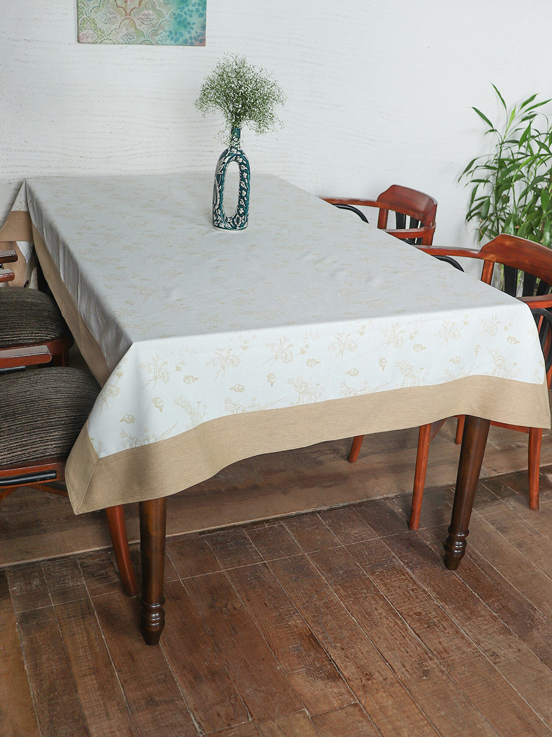 

ZEBA Off White Printed Cotton 6-Seater Table Cover