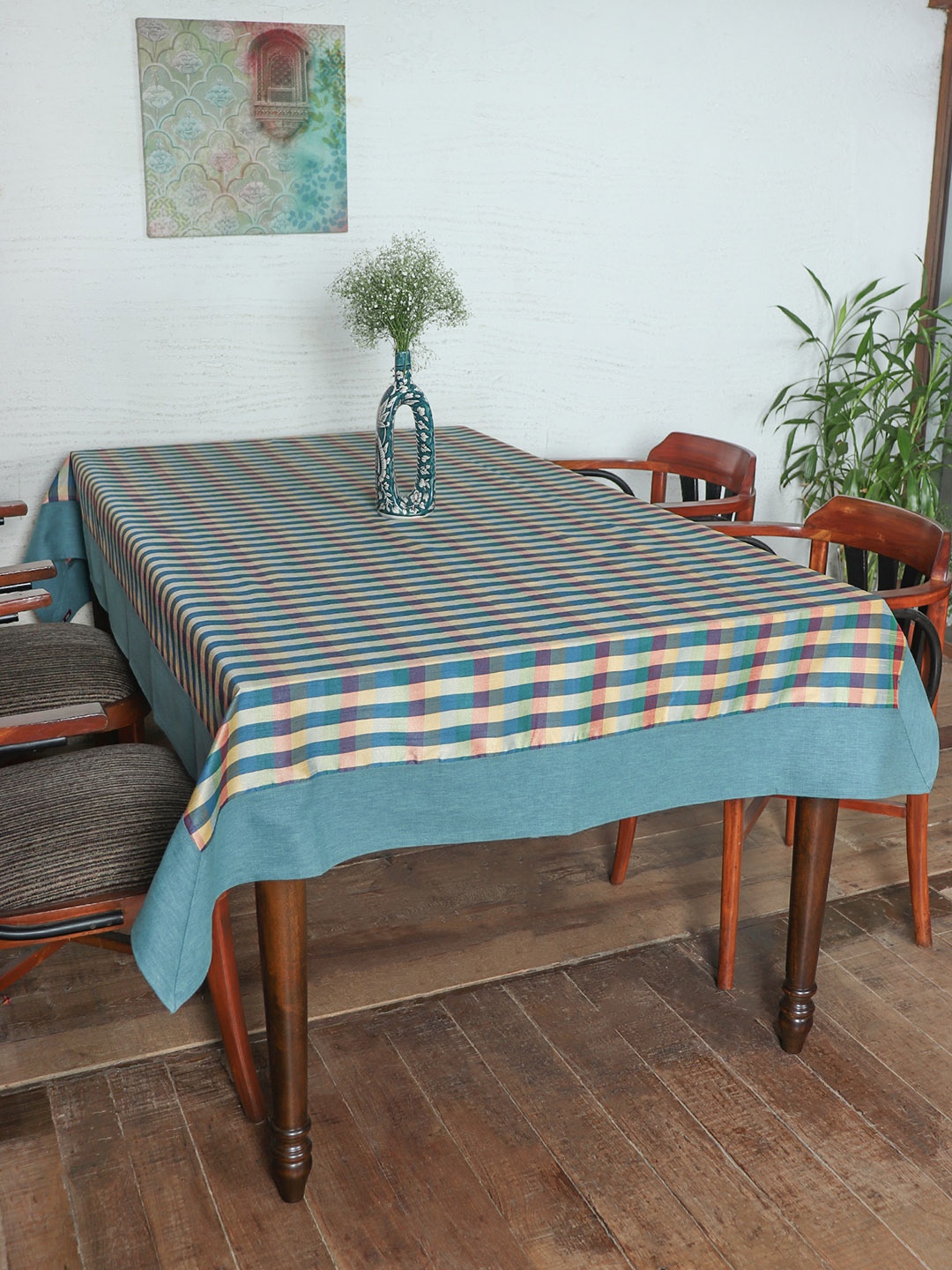 

ZEBA Blue & White Checked Silk 6-Seater Table Cover