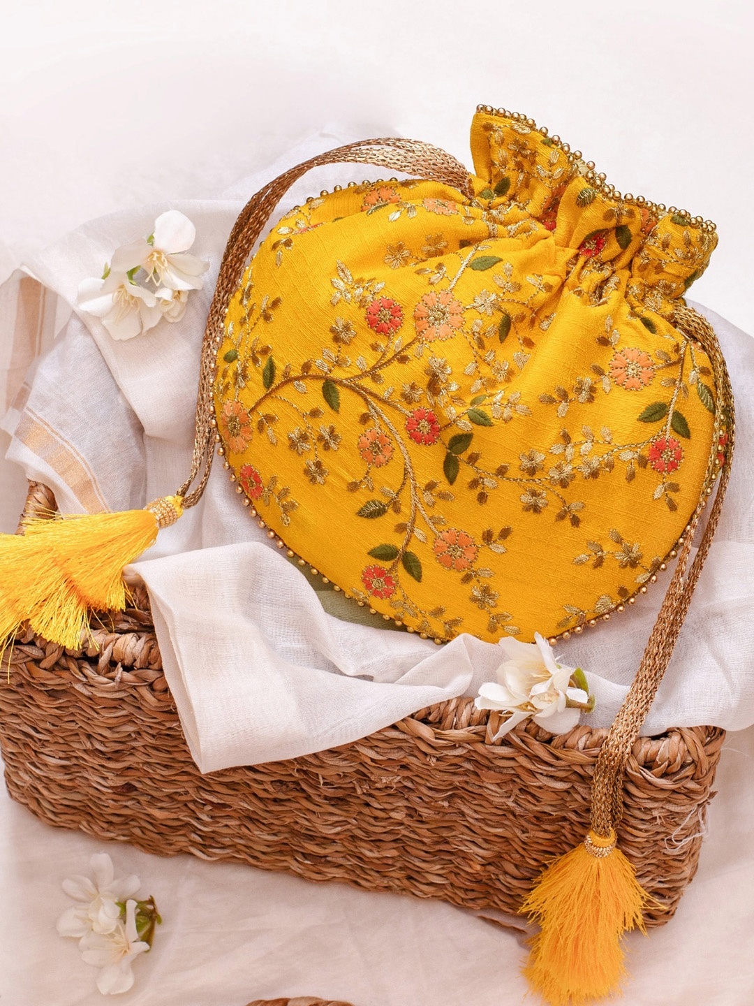 

AMYRA Floral Embroidered Tasselled Potli, Yellow