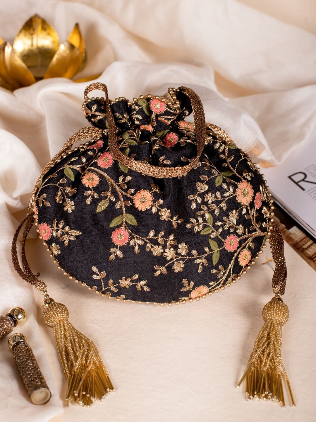 

AMYRA Embroidered Potli Bag, Black