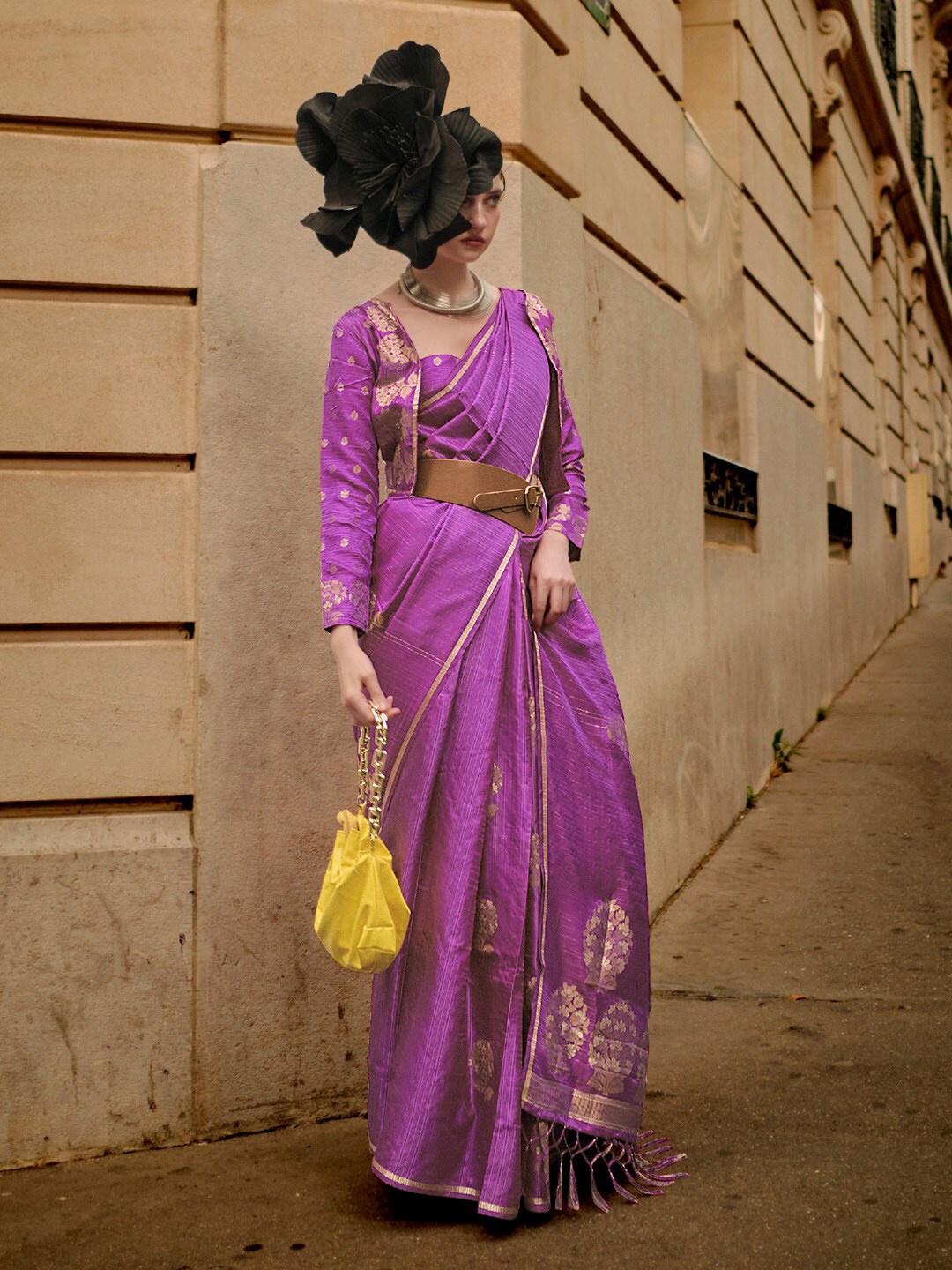 

Mitera Purple & Silver-Toned Ethnic Motifs Woven Design Zari Satin Banarasi Saree