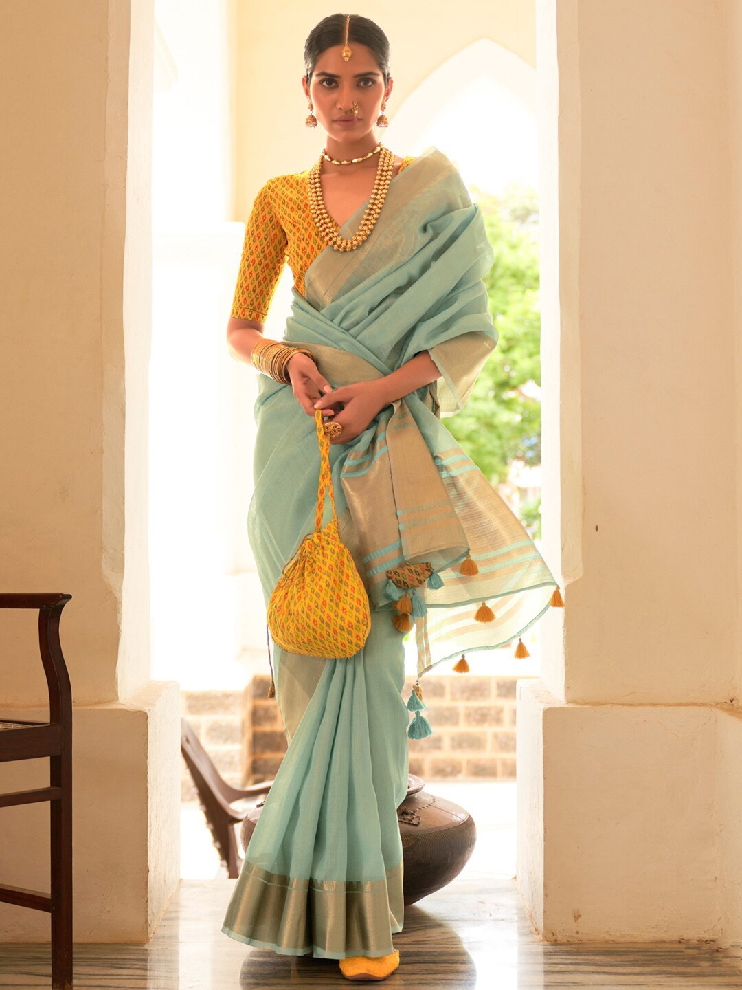 

Mitera Zari Tissue Banarasi Saree, Sea green