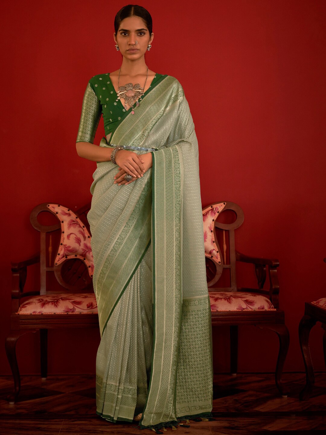 

Mitera Grey & Green Ethnic Motifs Woven Design Zari Brocade Banarasi Saree