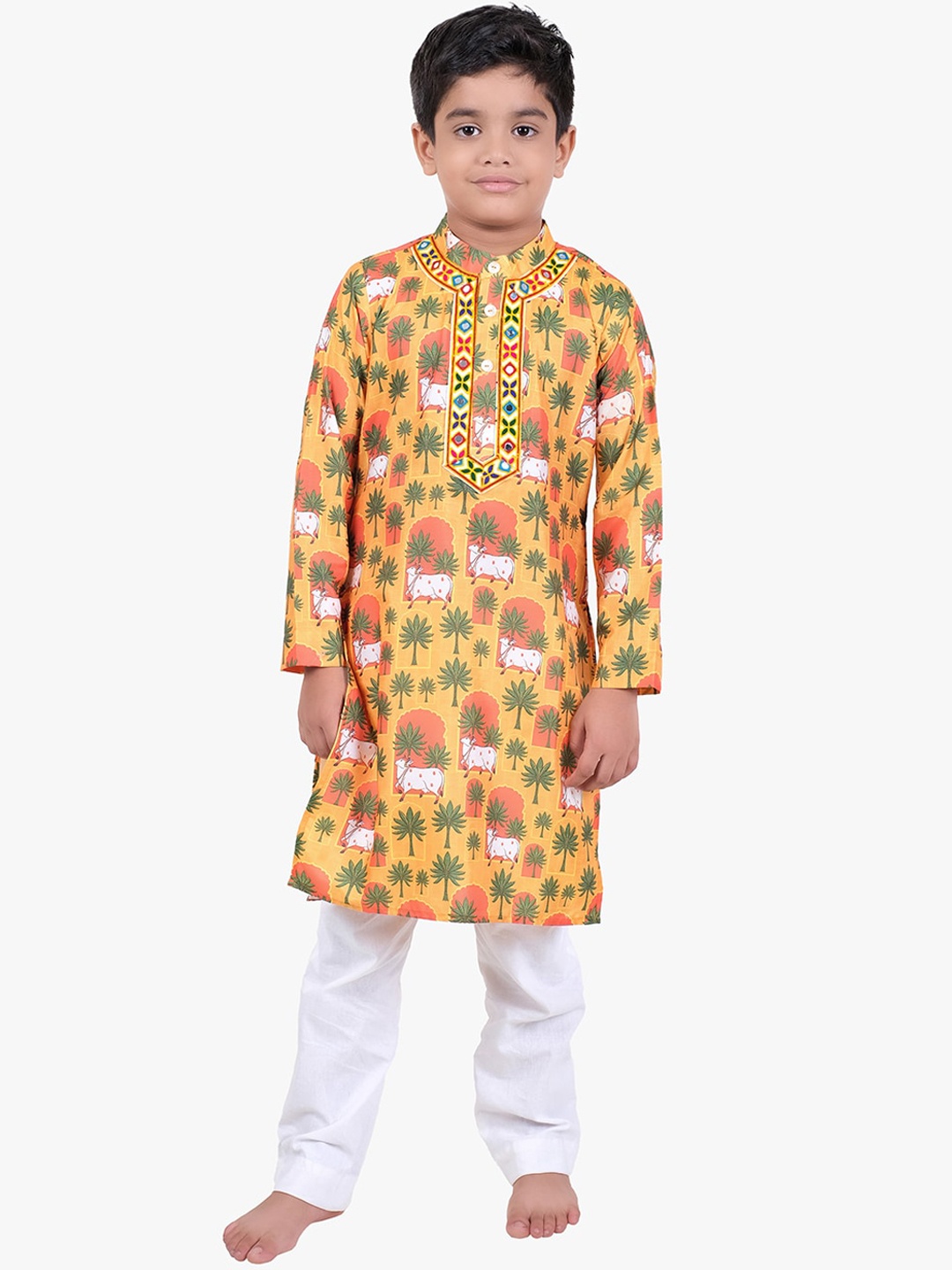 

Jilmil Boys Ethnic Motif Printed Band Collar Mirror Work Regular Kurta with Trousers, Mustard