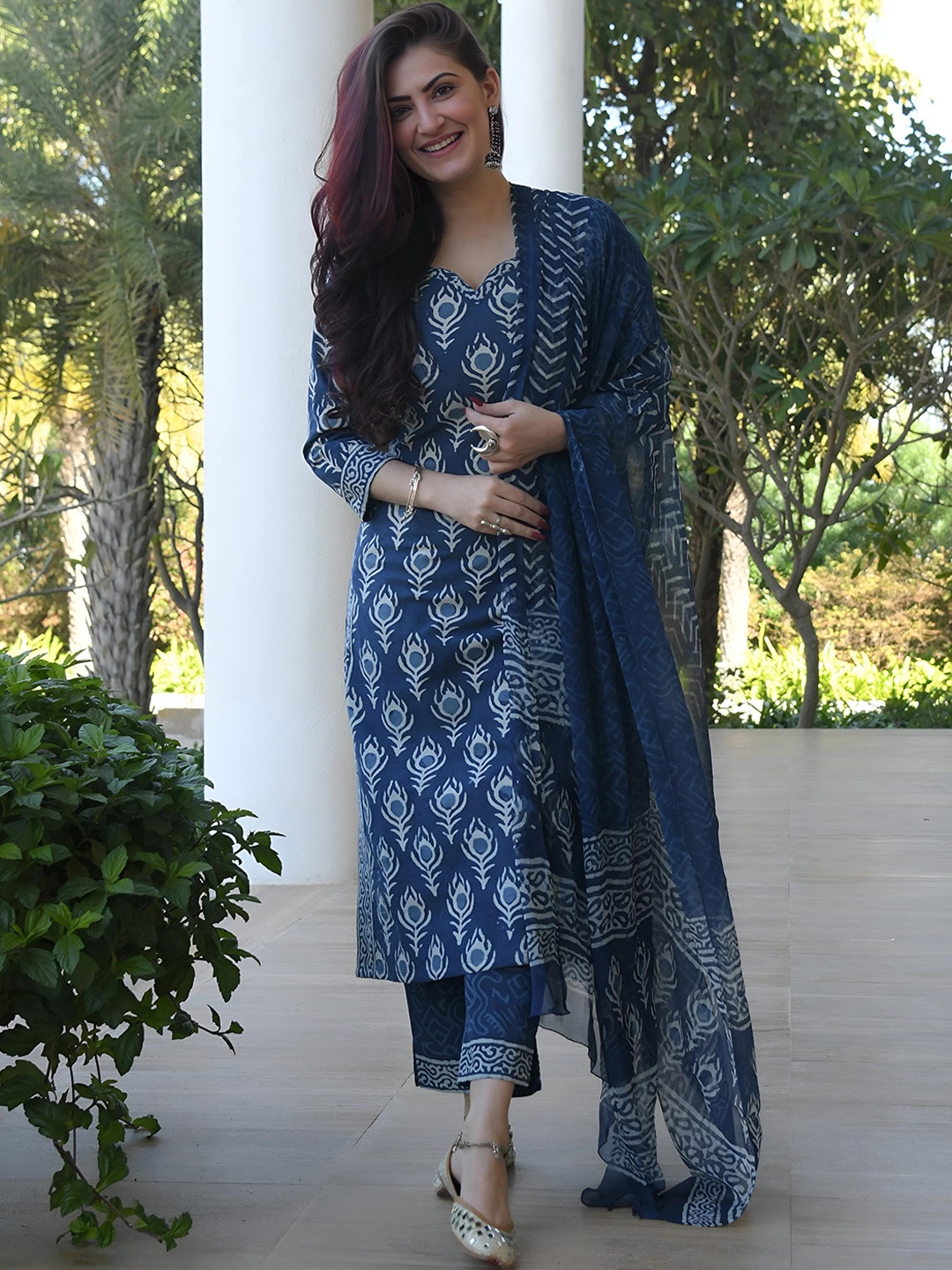 

KALINI Ethnic Motifs Printed Regular Kurta with Trousers & Dupatta, Blue