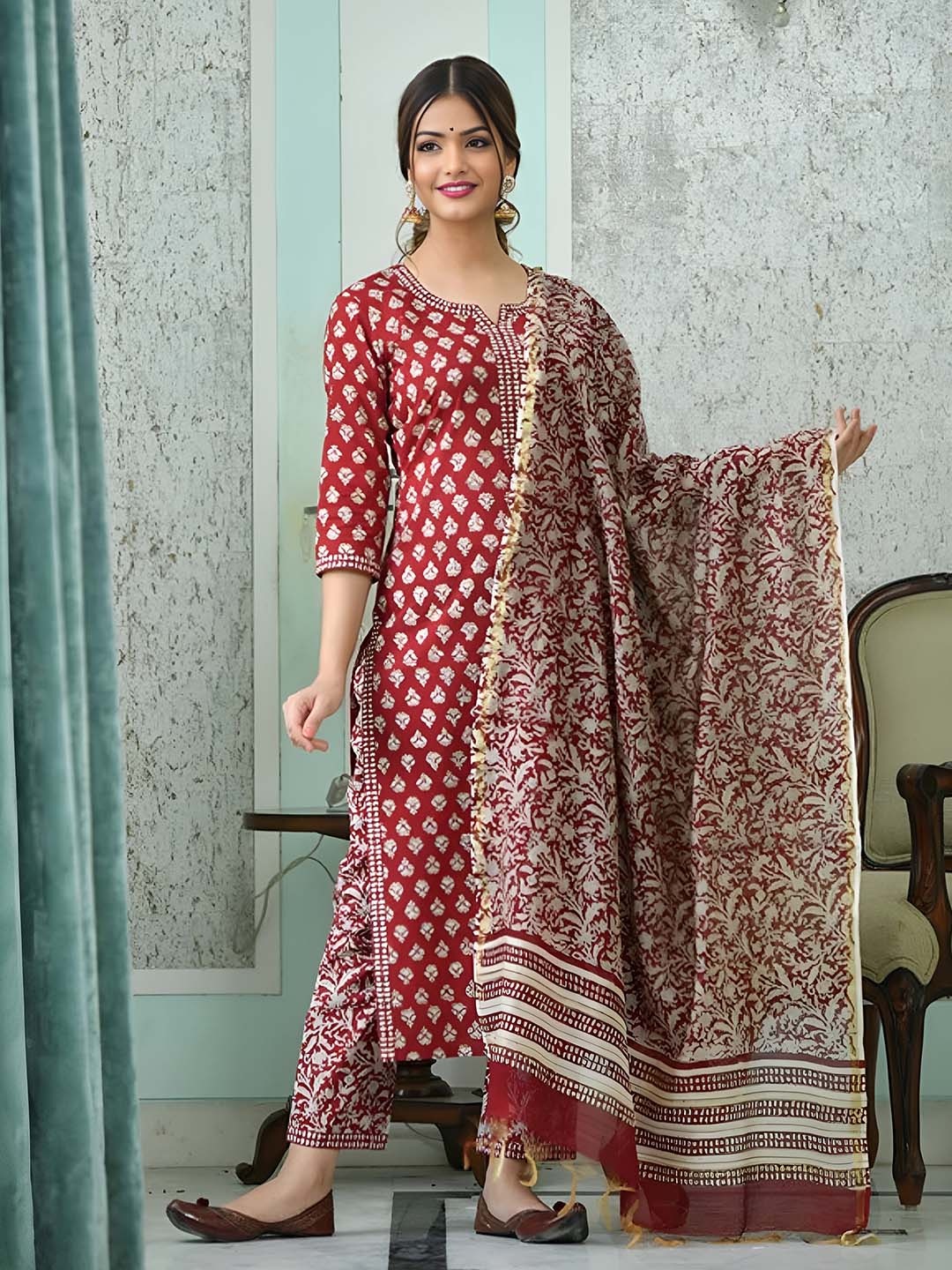 

KALINI Floral Printed Regular Kurta with Trousers & With Dupatta, Maroon
