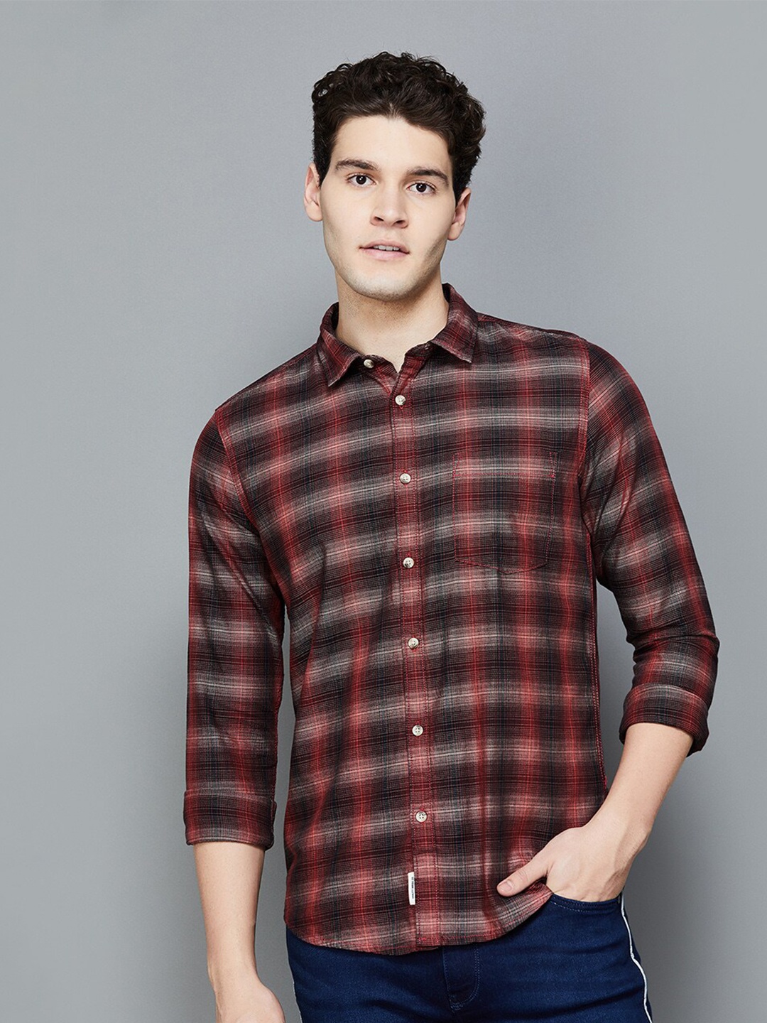 

Forca by Lifestyle Tartan Checks Spread Collar Cotton Casual Shirt, Red