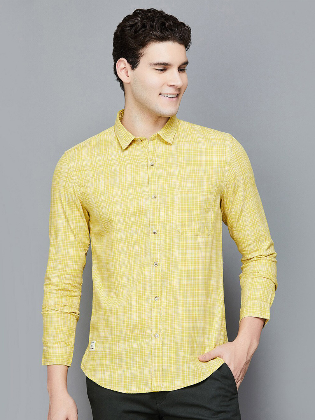 

Forca by Lifestyle Tartan Checks Spread Collar Cotton Casual Shirt, Yellow