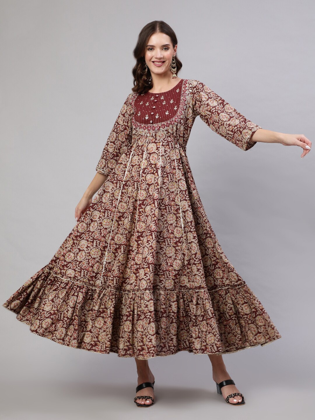 

Mizaz Floral Printed Mirror Work Cotton Ethnic Dress, Maroon